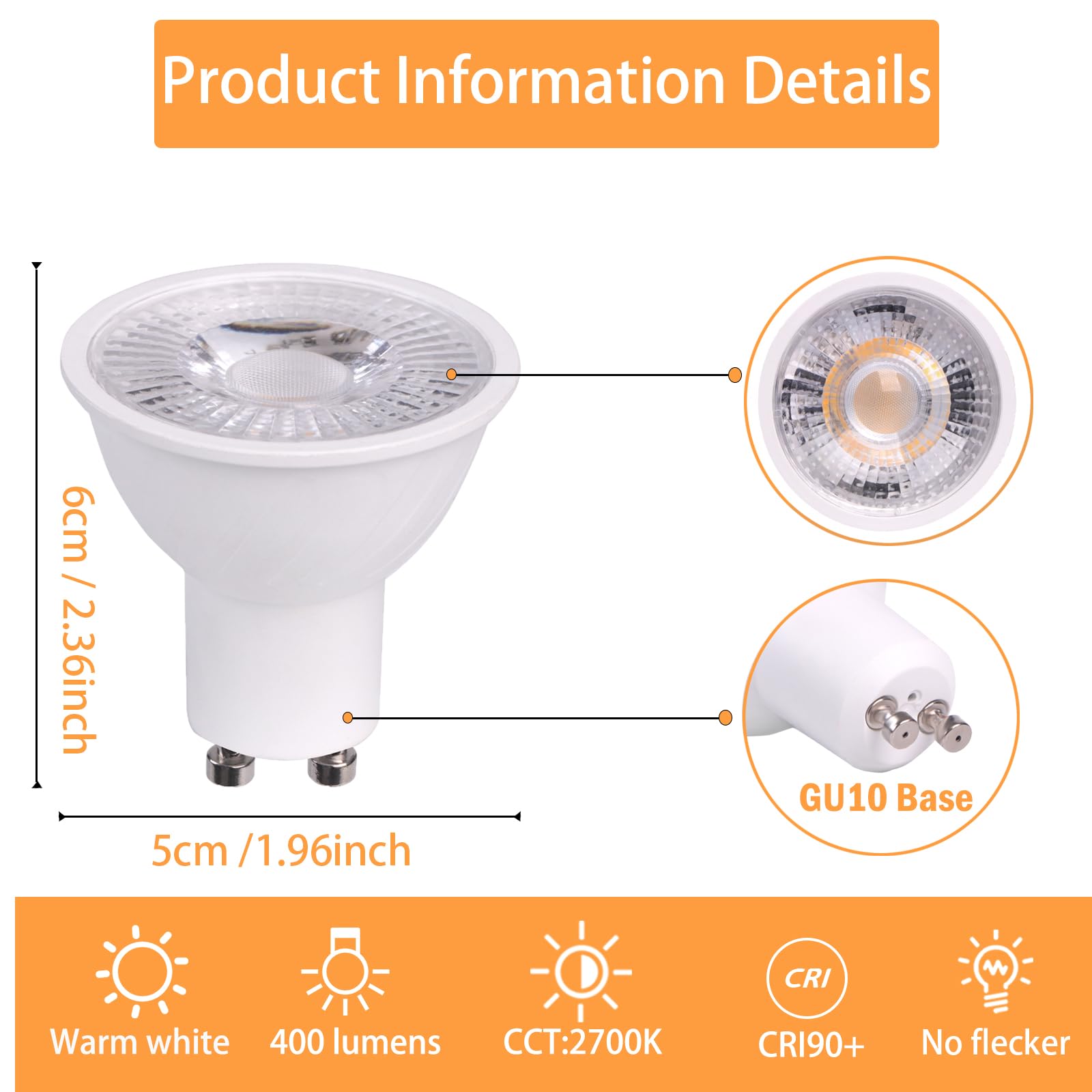 Hmyyjt Dimmable Gu10 Led Bulbs,50 Watt Equivalent, Energy Efficient 7W, Gu10 Base, Warm White 3000K,550Lm, 30,000 Hour Lifetime,