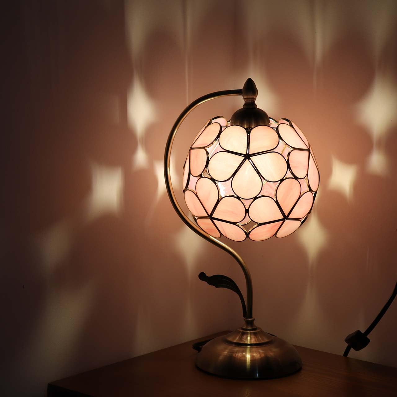 Bieye L10836 Tiffany Style Stained Glass Flower Petal Table Lamp With Brass Base For Home D  Cor (Pink, 8 Flower Ball)