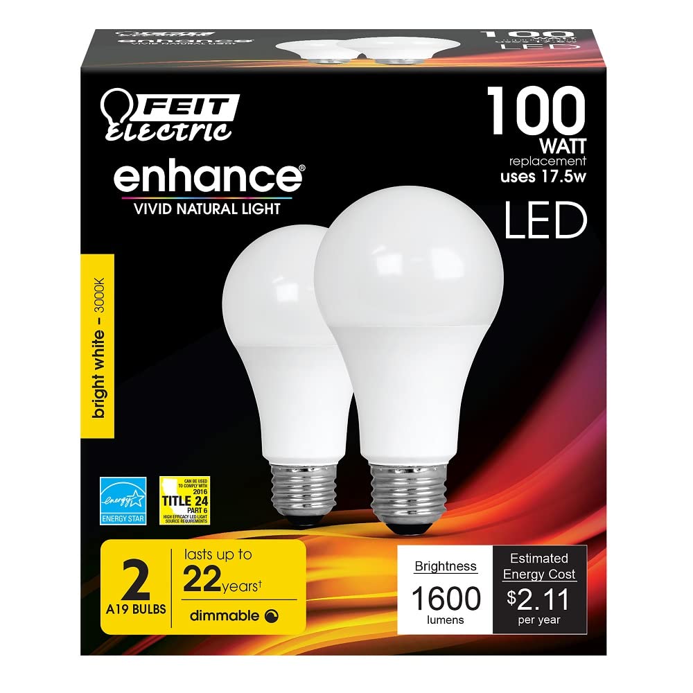 Feit Electric A19 LED Light Bulbs, 100W Equivalent, Dimmable, 3000K Bright White, 1600 Lumens, 2 Pack, Model OM100DM/