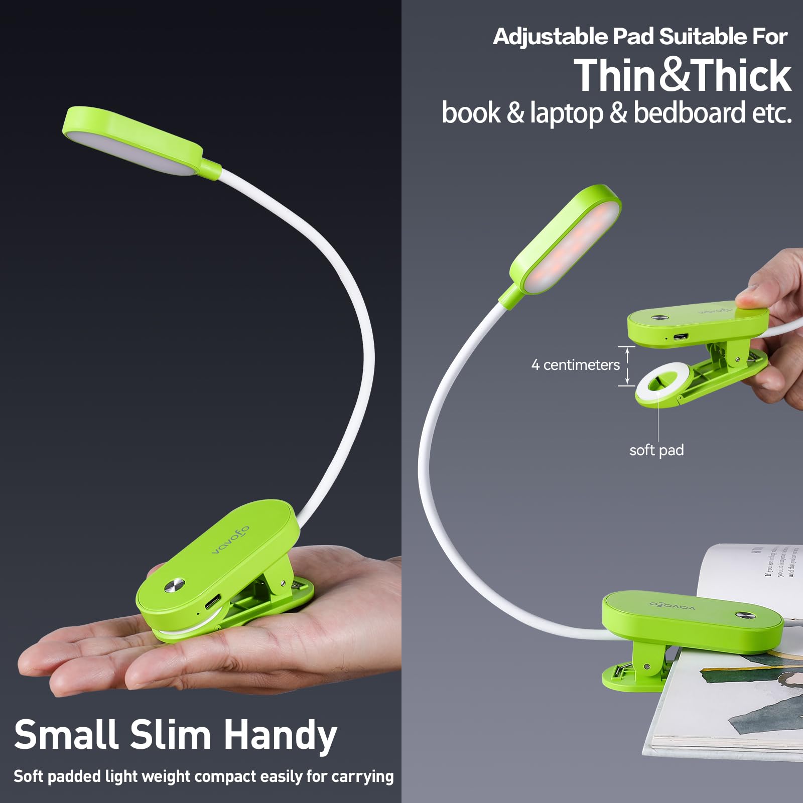 VAVOFO Rechargeable Book Light, 14 LEDs, Clip On, Eye Care, 9 Colors, 9 Brightness Levels, Green, Model KM-6775