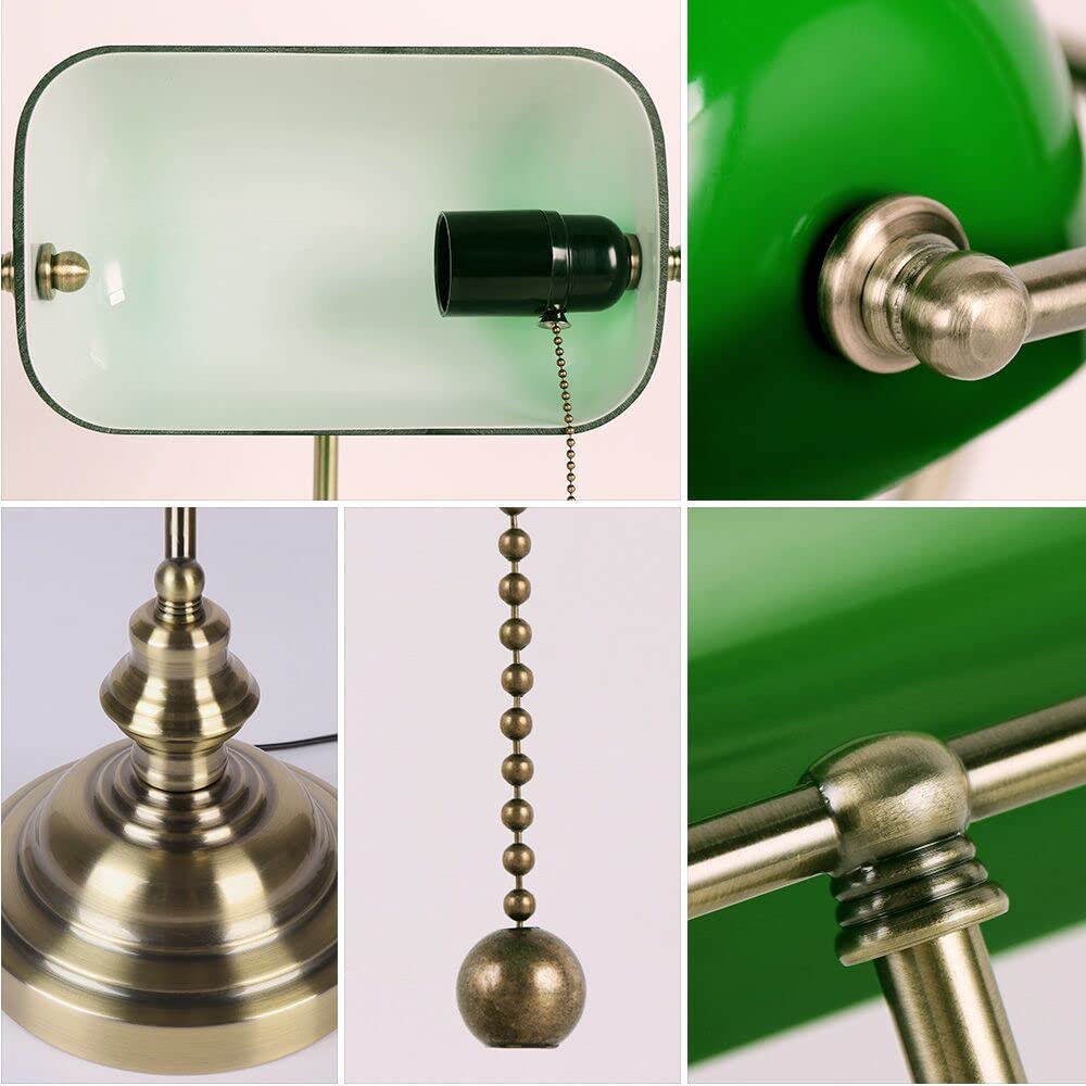 Newrays Glass Bankers Desk Lamp With Pull Chain Switch Plug In Fixture (Green)