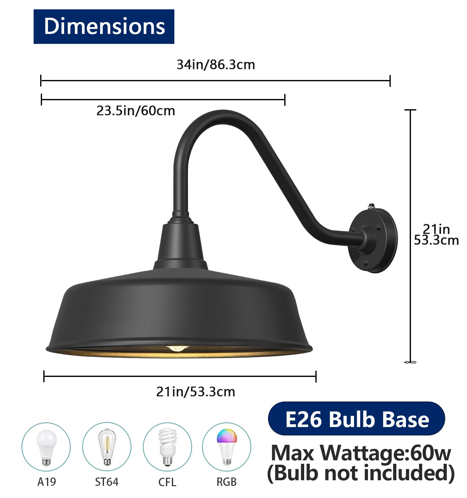 Ytzlvw Gooseneck Barn Lights, 21 Inch Outdoor Wall Mount, Black Aluminum, Dusk to Dawn, for Garage, Shop, Porch