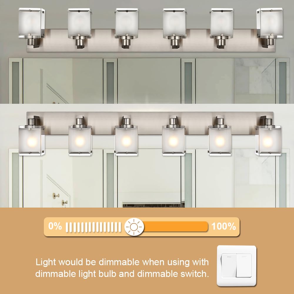 WINSHEN 6-Lights Bathroom Vanity Light, Modern Black Fixtures with Frosted Glass Shades, Wall Mounted, E26 Bulb Base
