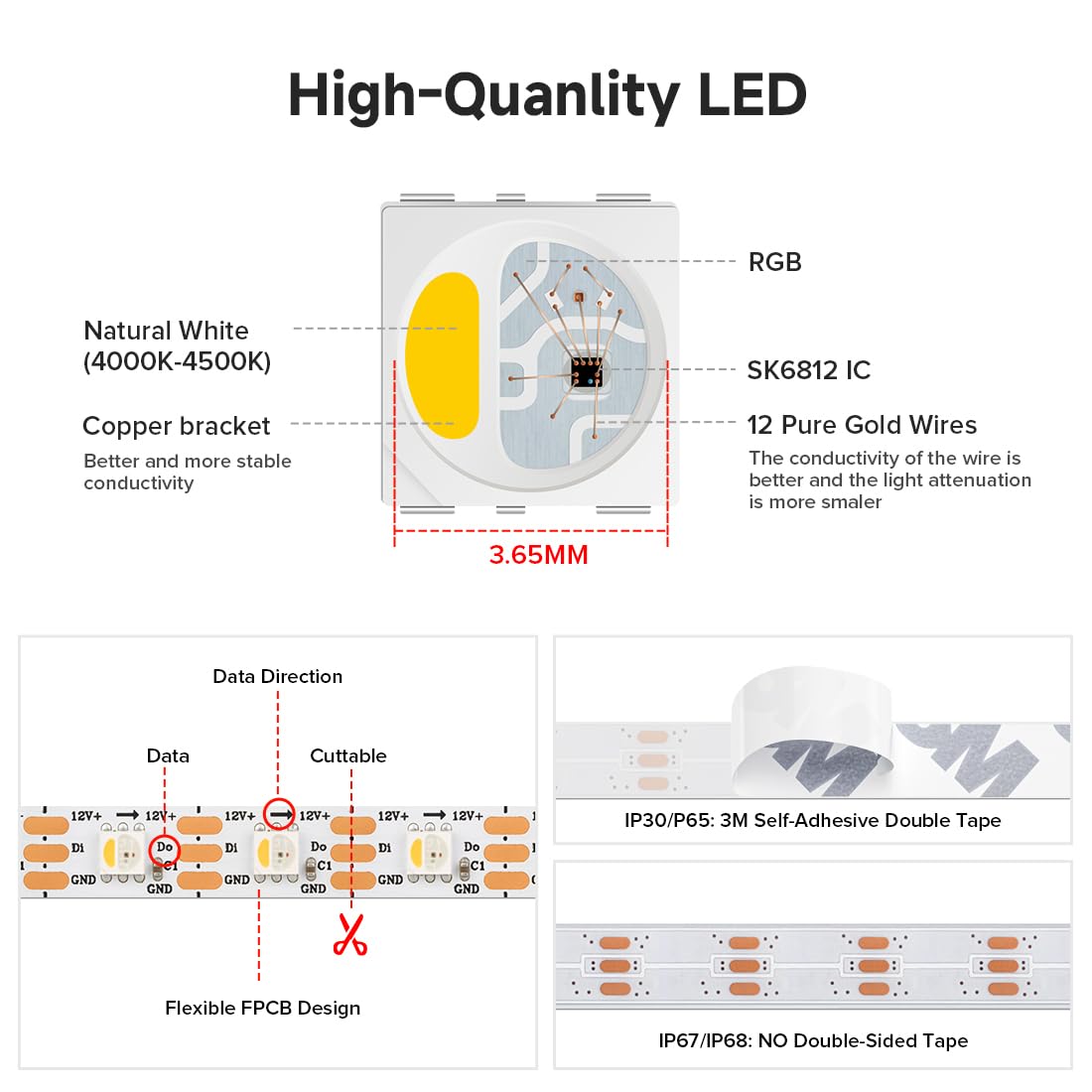 Btf-Lighting Sk6812(Similar Ws2812B) Rgbw Rgb+Natural White(4000K) Individually Addressable Dc12V 16.4Ft 60Led/Pixel/M 4 Color In 1 Light Dream Color Led Strip Ip30 White Pcb(No Adapter Or Controller)