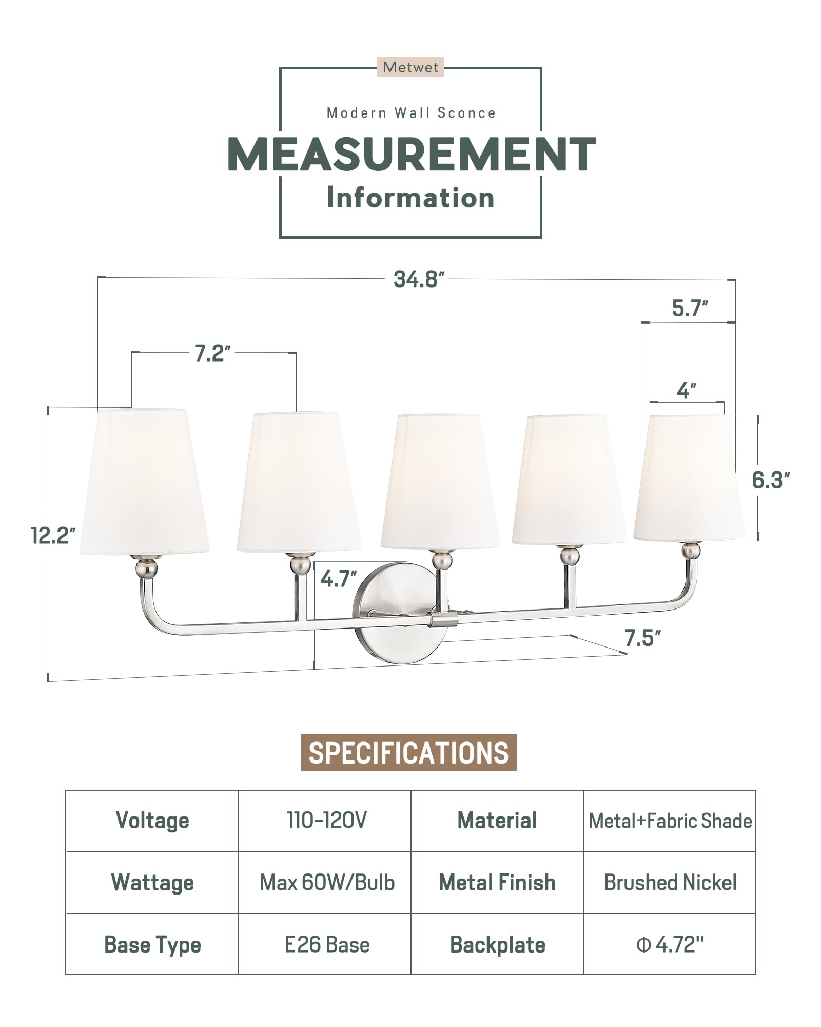 Metwet Bathroom Light Fixtures, 5 Light Brushed Nickel Vanity Lights With Flared White Fabric Shade, 35 Inch Wall Sconce, Modern