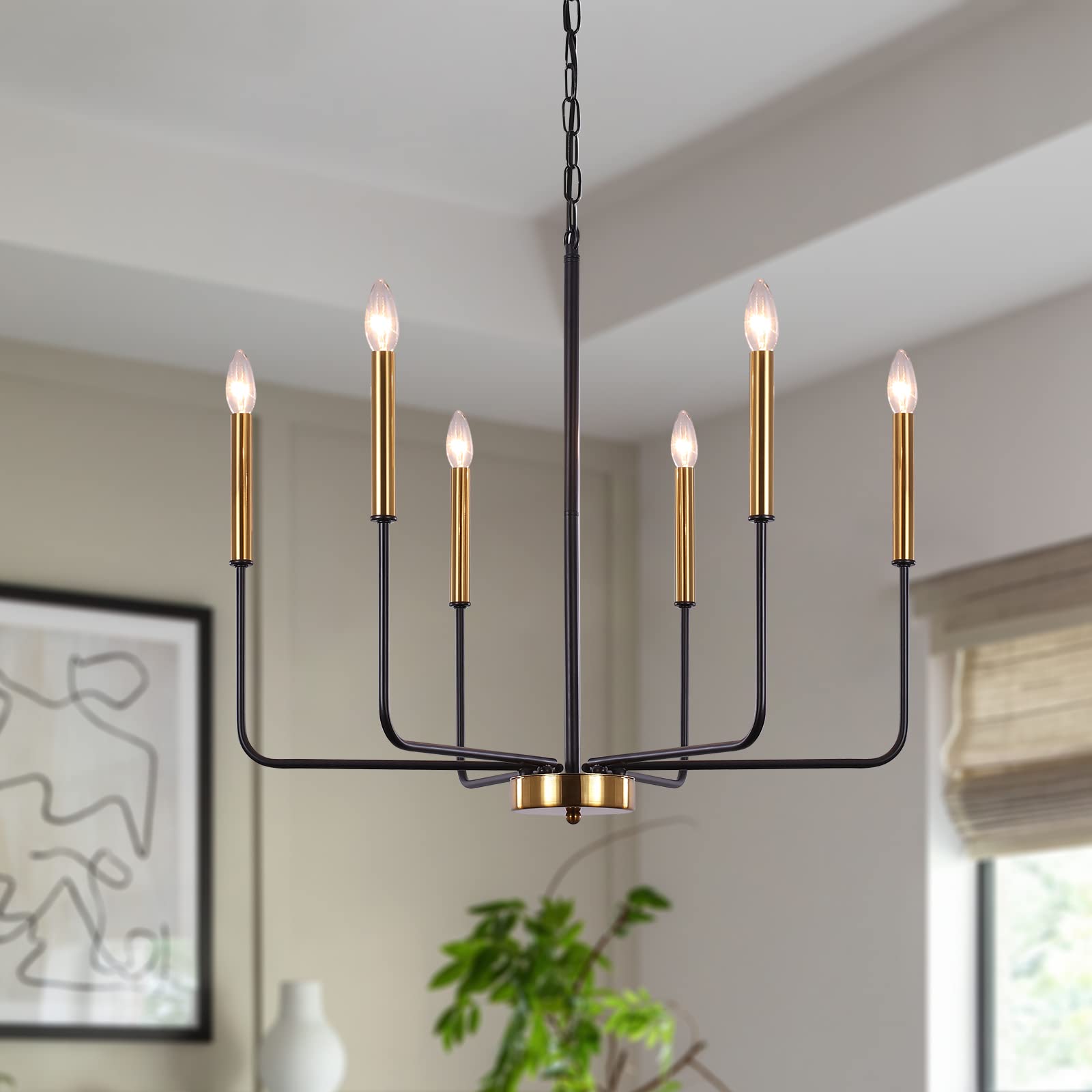 ZCHAOZ Modern Farmhouse Chandelier for Dining Room  6 Lights Chandelier Light Fixture Adjustable Height  Black and Gold Hanging Candle Pendant Lighting for Kitchen Island Living Room Bedroom Foyer