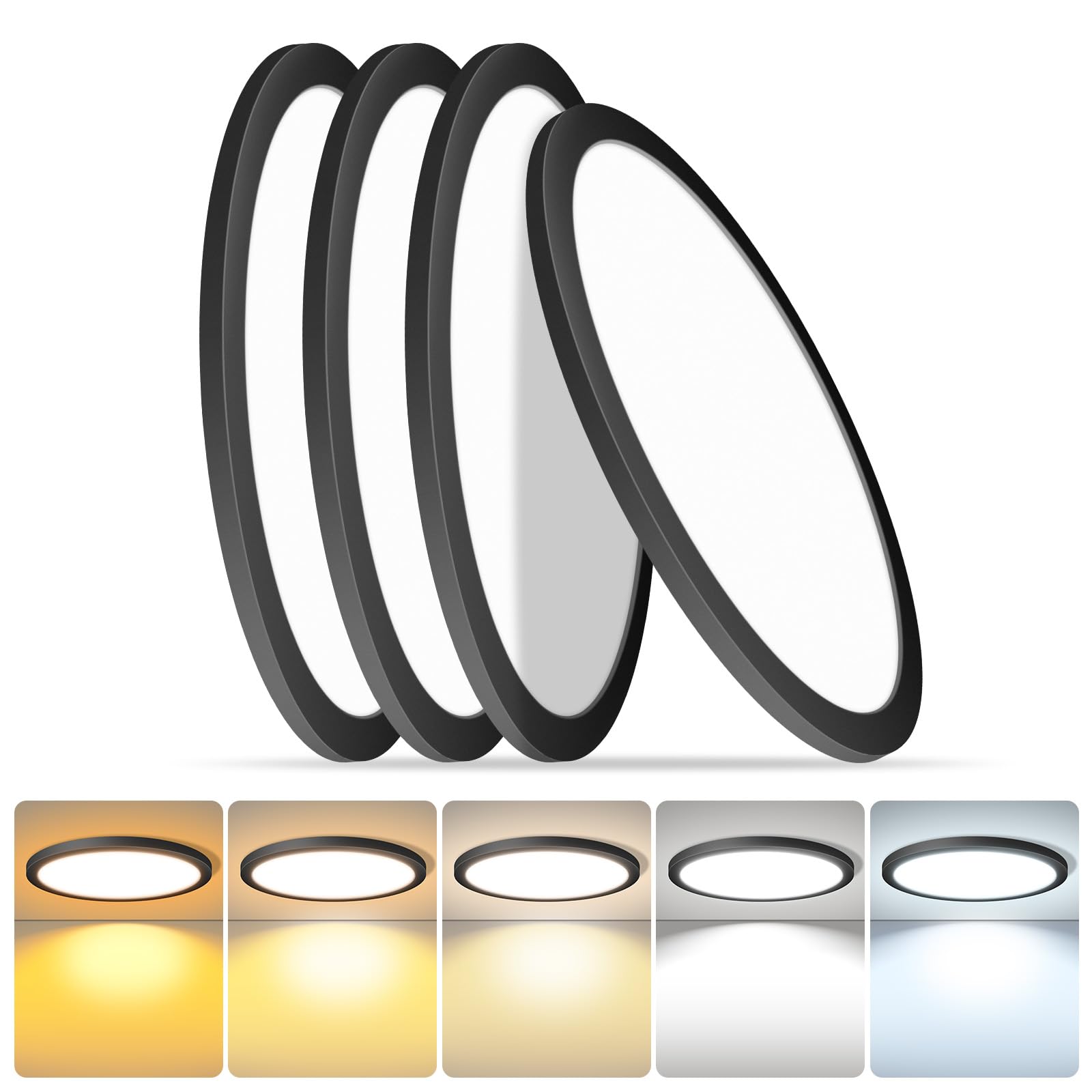 Mw 4 Pack Led Flush Mount Ceiling Light, 16 Inch Round Black Ceiling Light,30W 120V 5Cct Dimmable, Close To Ceiling Light Fixtur