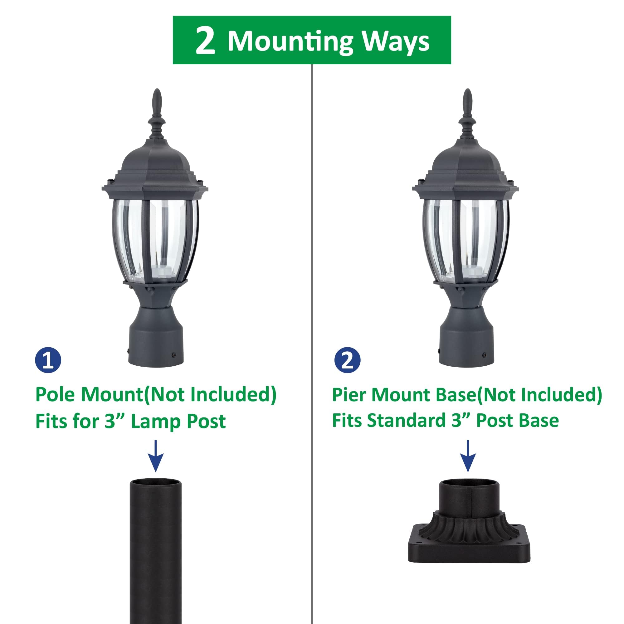 LIT-PaTH LED Outdoor Post Light Fixture, 9.5W 800 Lumens, 3000K Warm White, Aluminum, Matte Black, 2-Pack