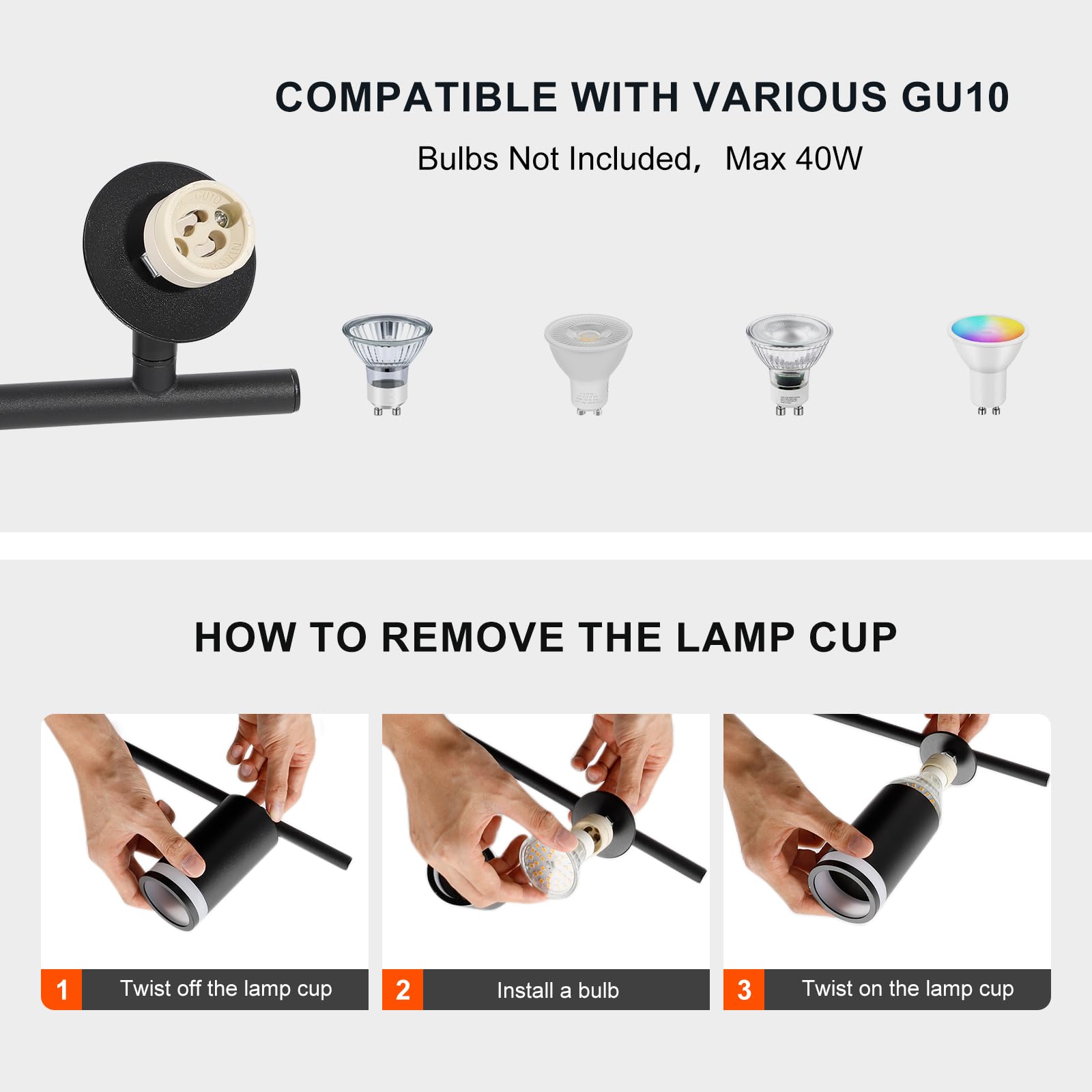Ketom 4-Light Track Lighting Fixtures, GU10 Black LED Ceiling Spotlight, Modern Design for Kitchen, Bedroom, Living Room