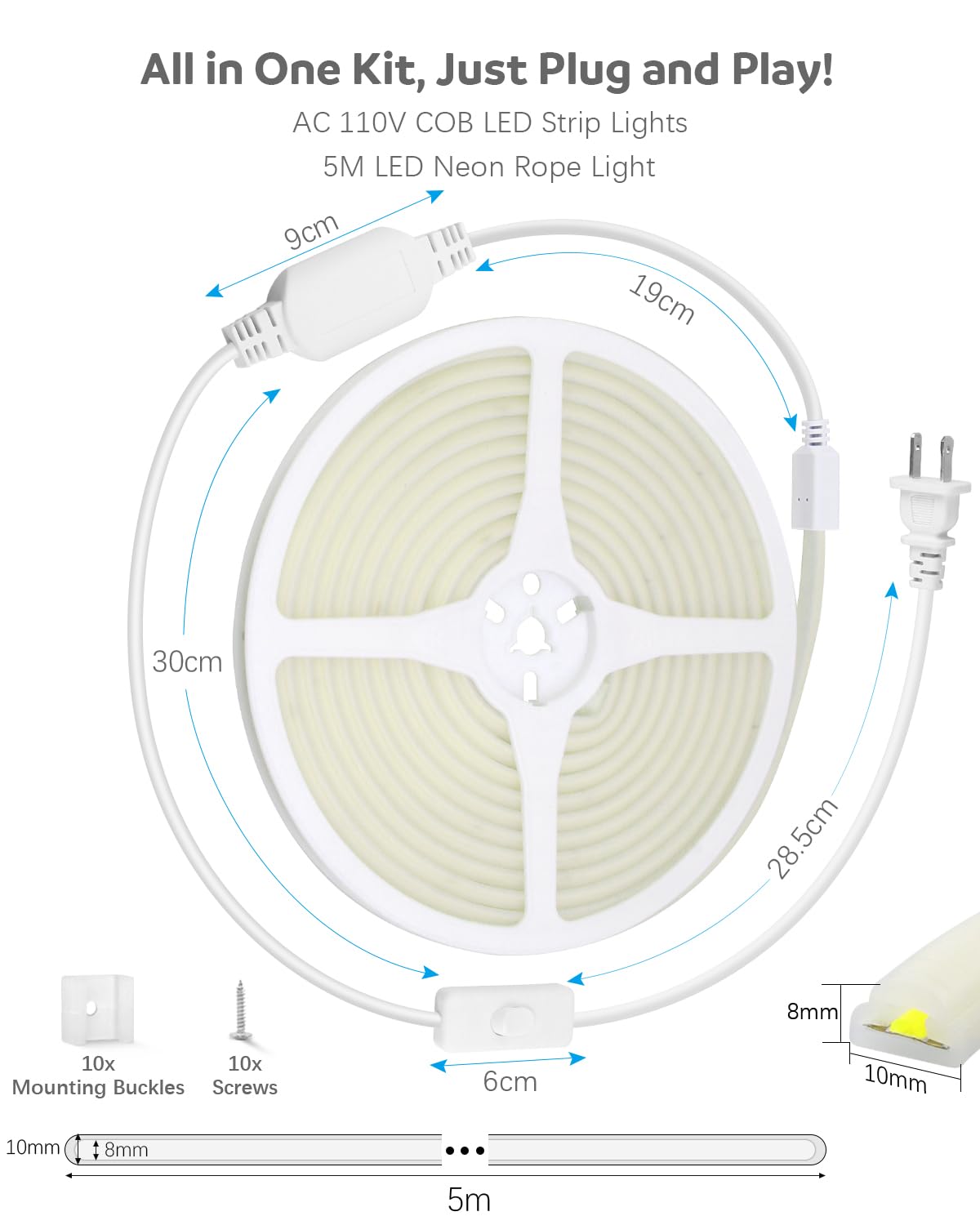 Alitove 110V 120V Led Strip Lights Waterproof 16.4Ft Cob Style Super Bright Daylight White Led Strip Lights 6000K Cri90+ For Indoor Outdoor Home Commercial Lighting(No Remote Version)