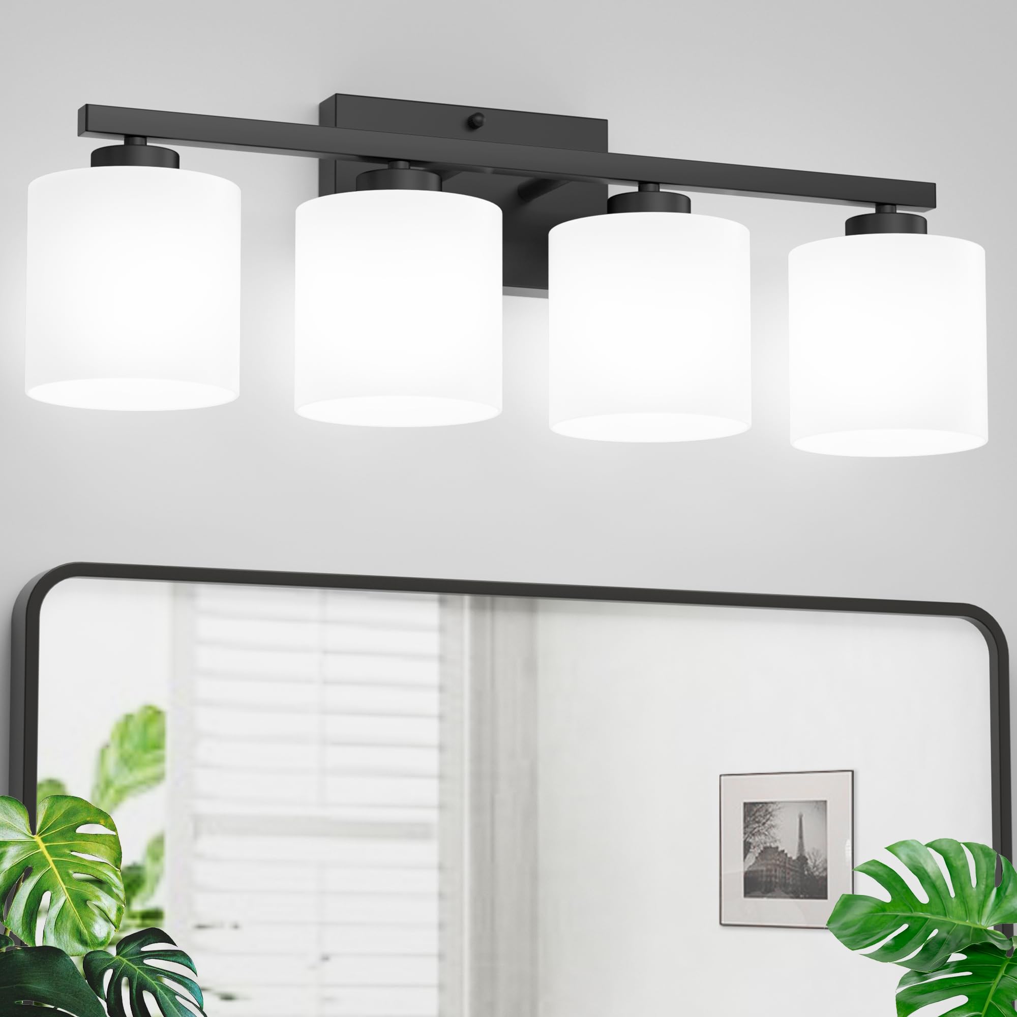 Honesorn 4-Light Bathroom Vanity Light Fixture, Matte Black, Frosted Glass Shade, Model TK-JQD-MS-B-4, Anti-Rust Nickel Finish