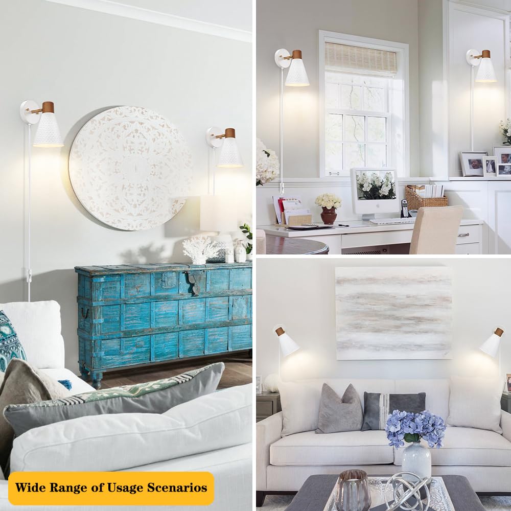White Plug In Wall Sconces Set Of 2, Modern Wall Light With Plug In Cord, Wooden Plug In Wall Lamps With Hammered Metal Shade, Corded Wall Sconce Light Plug In For Bedroom, Living Room, Hallway