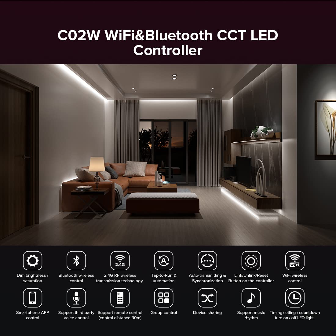 SEZO C02W WiFi Bluetooth LED Strip Controller - Smart Life App, Voice Control, DC12-24V, CCT WiFi Controller