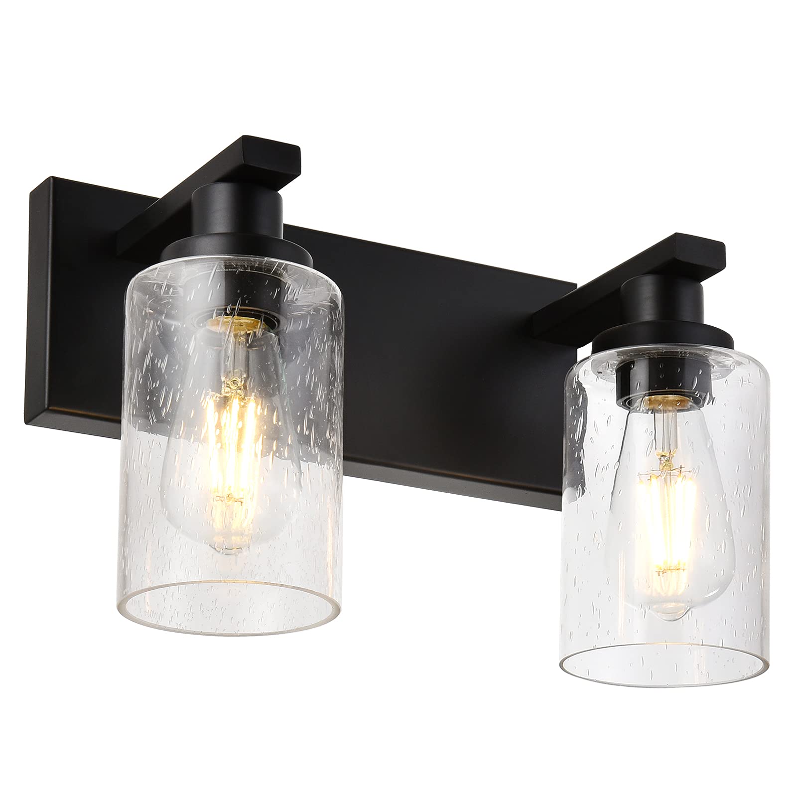 Winshen Vanity Lights 3-Lights Bathroom Light Fixtures Over Mirror In Black Finished, Bath Wall Lighting With Cylinder Seeded Gl