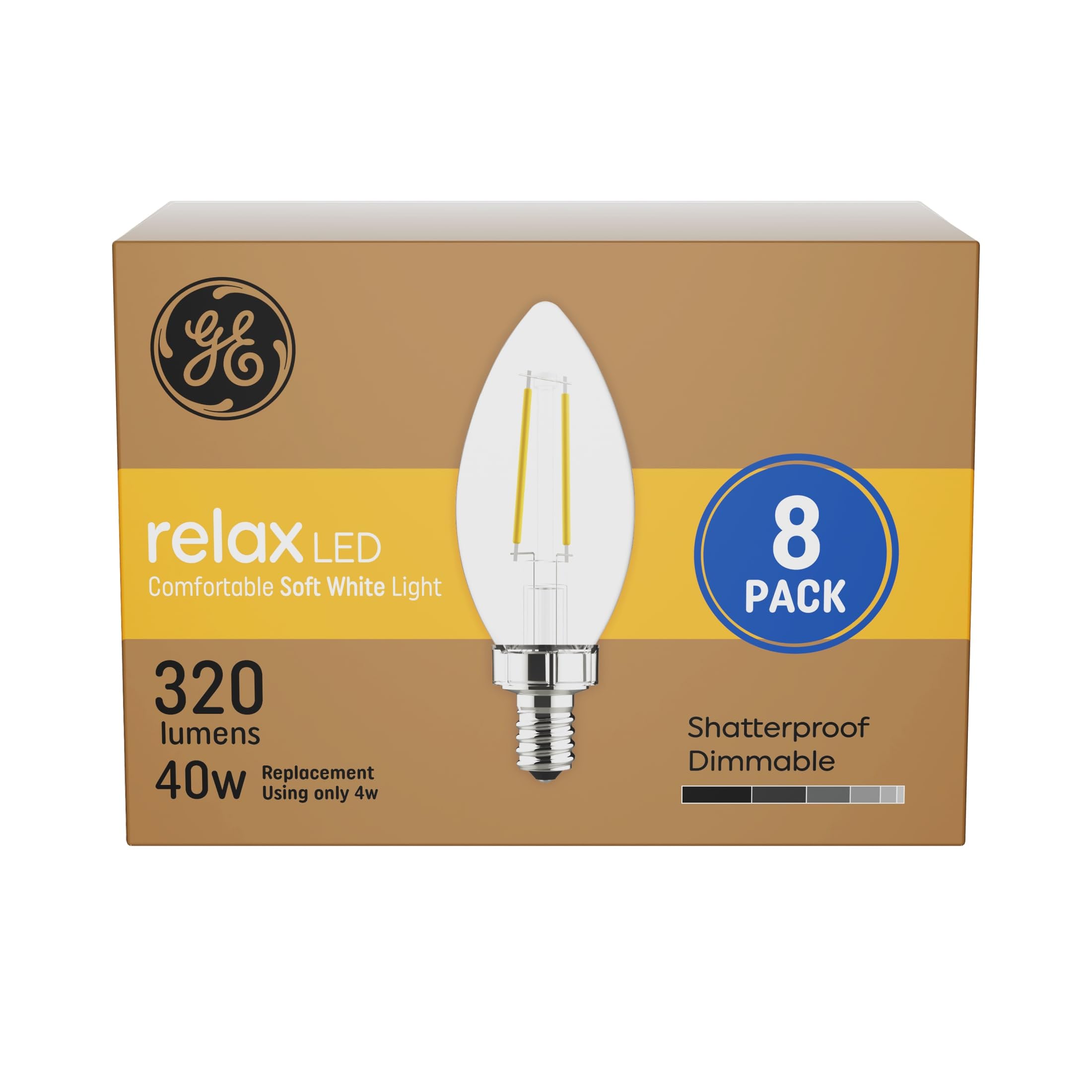 GE Relax LED Candle Light Bulbs, Soft White, 40 Watts, Small Base, Clear Decorative B11, 8 Pack