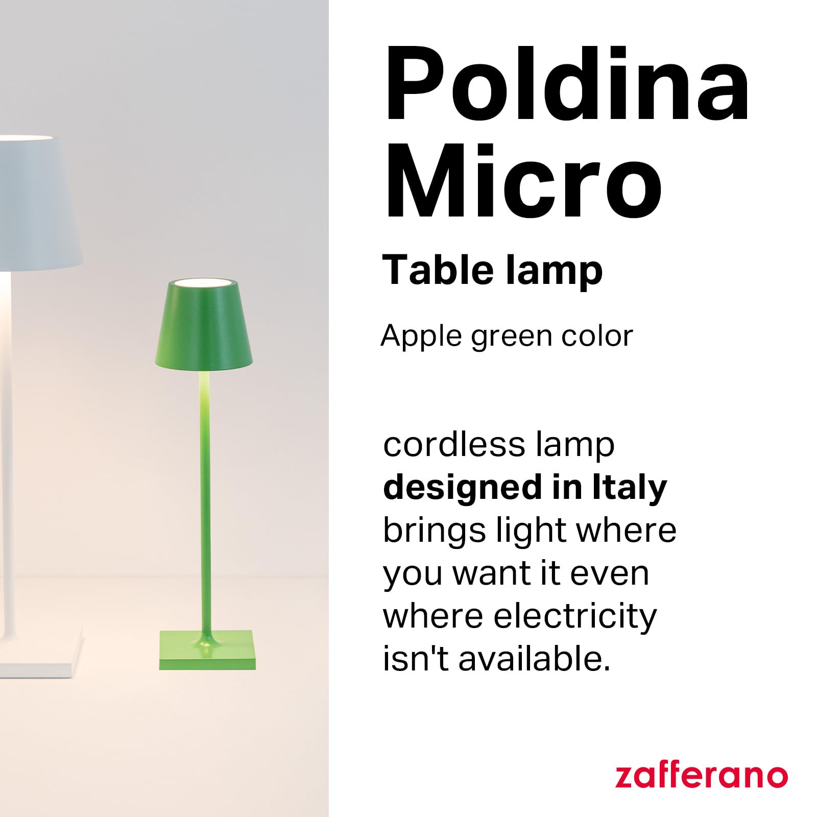 Zafferano Poldina Micro Lamp Rechargeable Table Lamp Touch Control 10.8 Inches Aluminum Apple Green Model LD0490V3