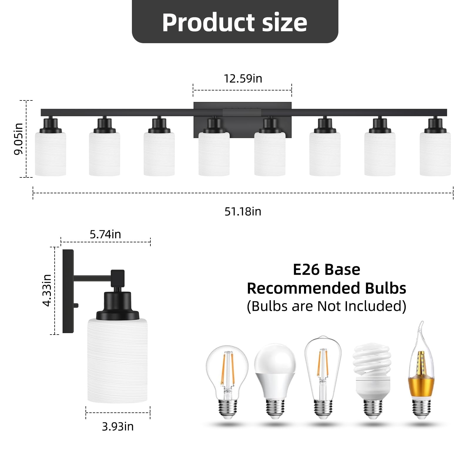Dikaida 8-Light Bathroom Light Fixtures Over Mirror, 52Inch Modern Matte Black Vanity Lights With White Frosted Glass Shade, Bat