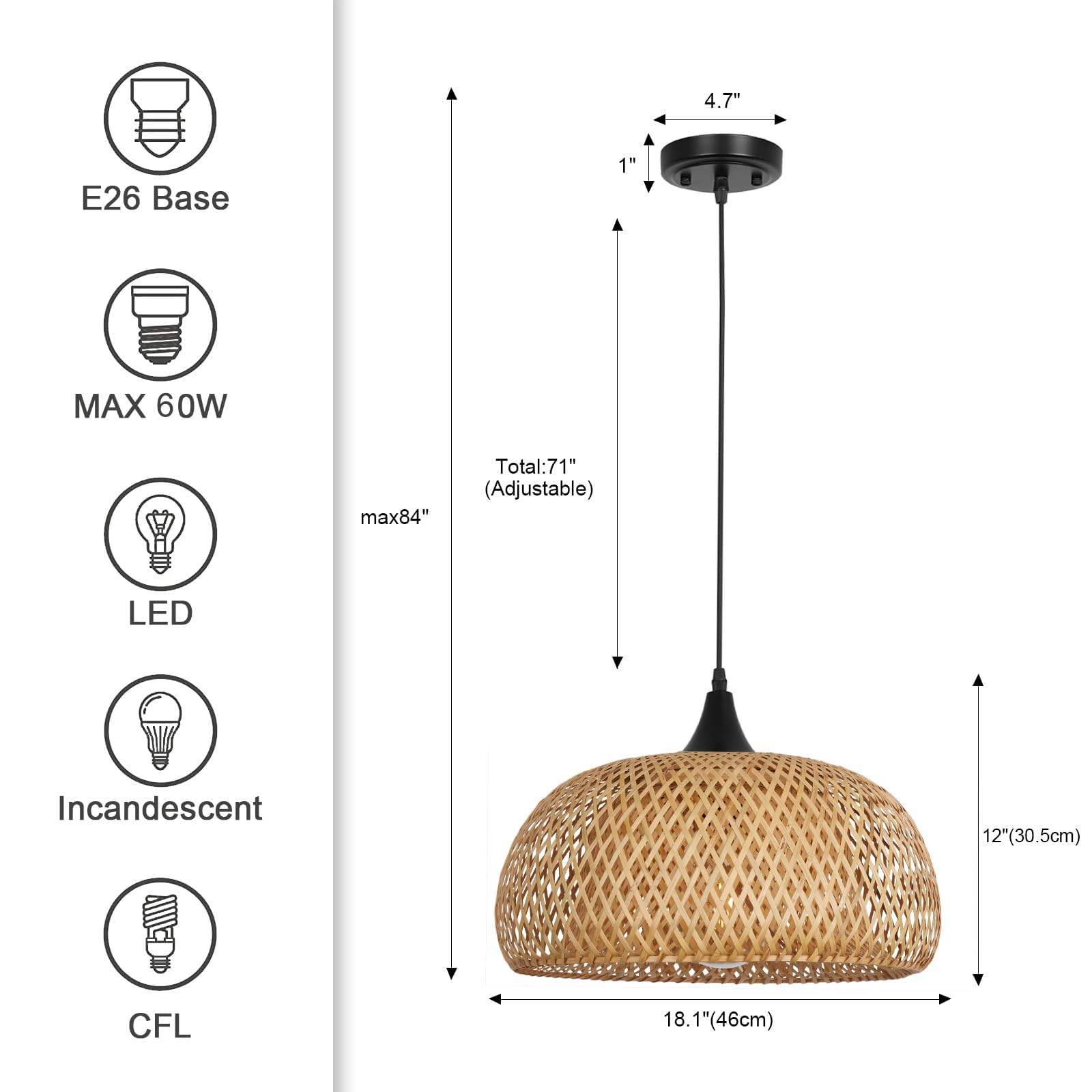 Rosient Rustic Farmhouse Bamboo Pendant Light - 18 Inch Large Dome Handwoven Ceiling Mounted Bamboo Chandelier Shades, Coastal B