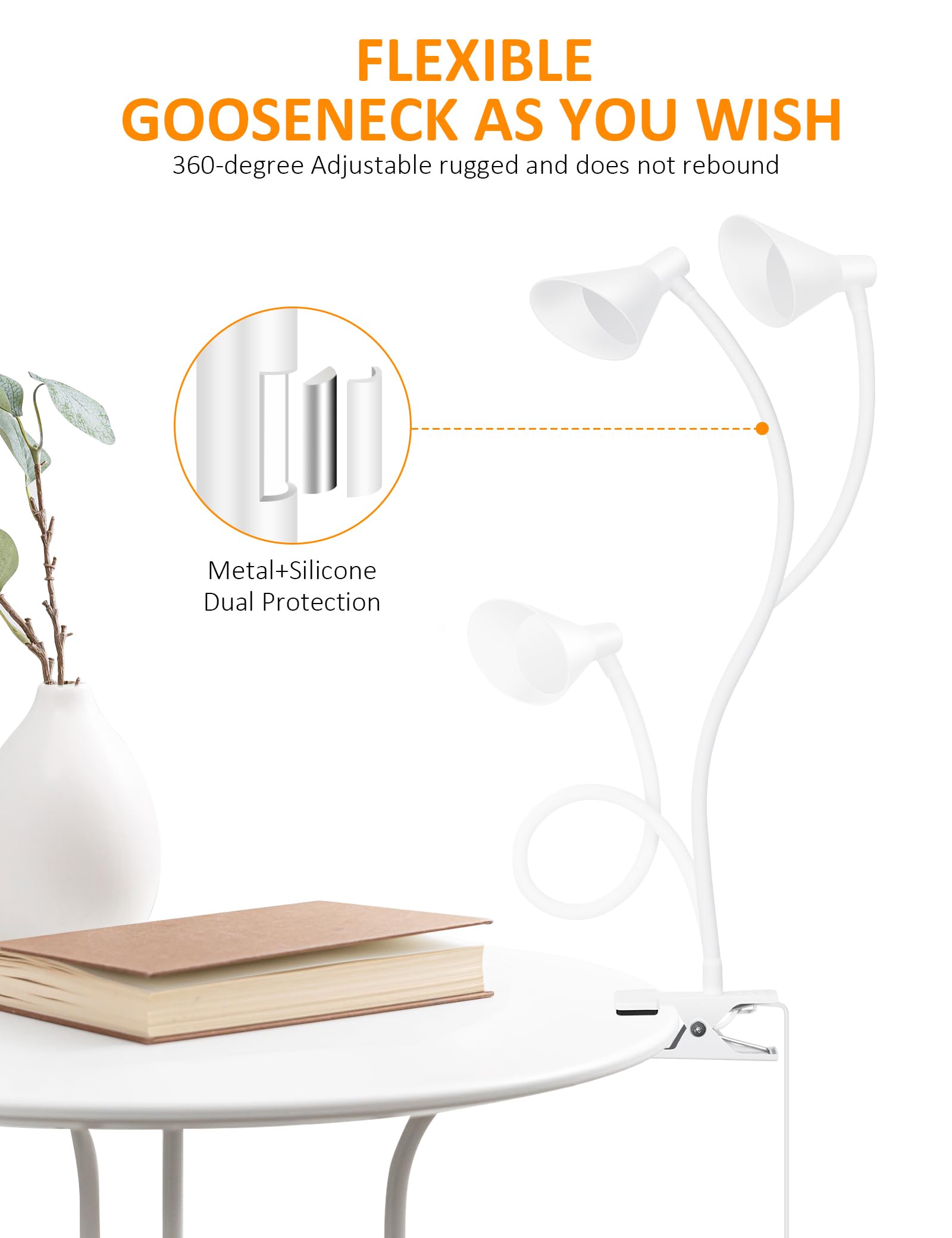 LiFMIRA Clip-On Desk Lamp, USB Reading Light, 3 Color Modes, 10 Dimmable Brightness, White, Flexible Gooseneck, Model BL07