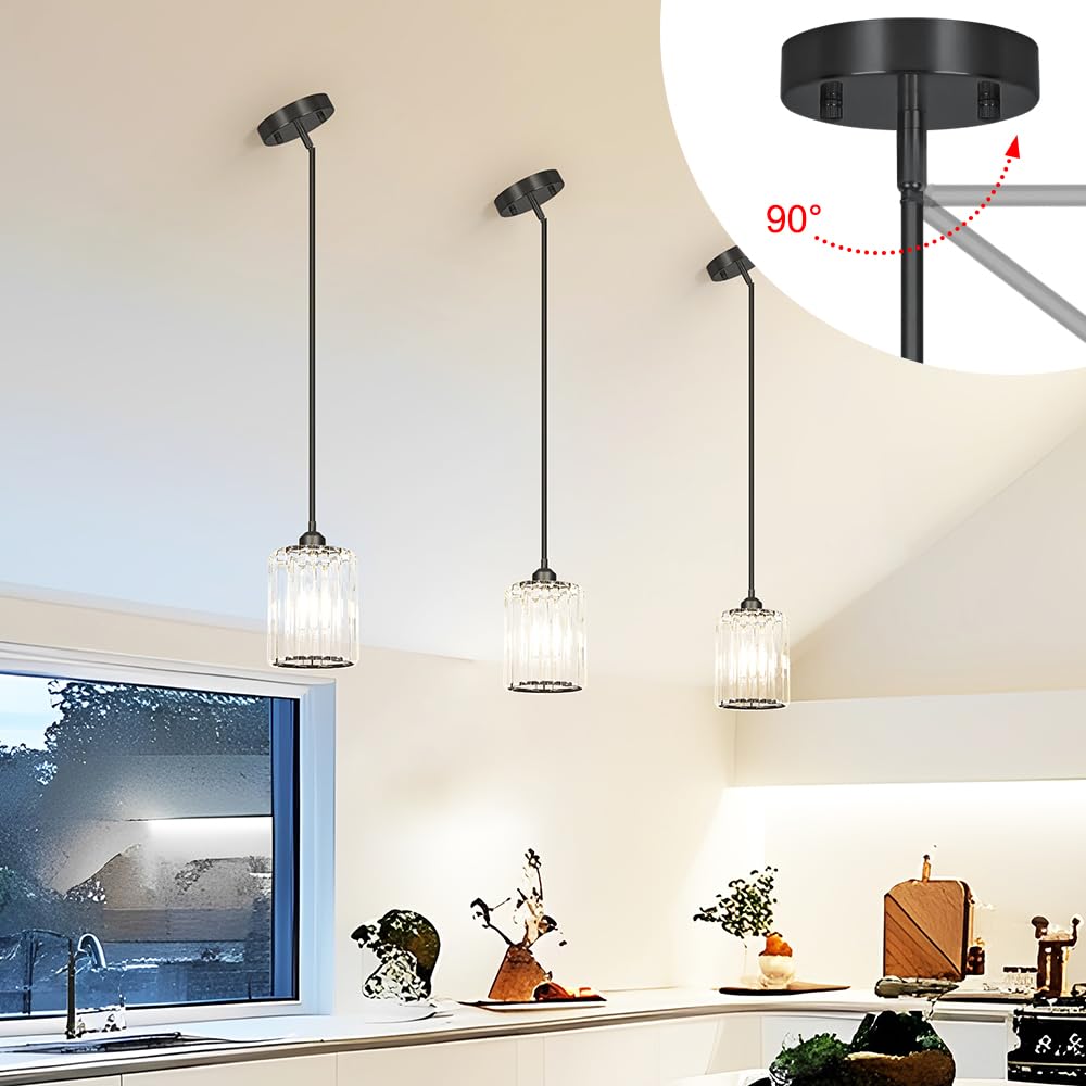 Black Kitchen Pendant Lights Over Island With Adjustable Rods - Crystal Pendant Lighting Fixtures For Sloped Ceiling  Ideal Over Dining Table Or Bar  E26 Bulb Compatible  No Electrician Needed