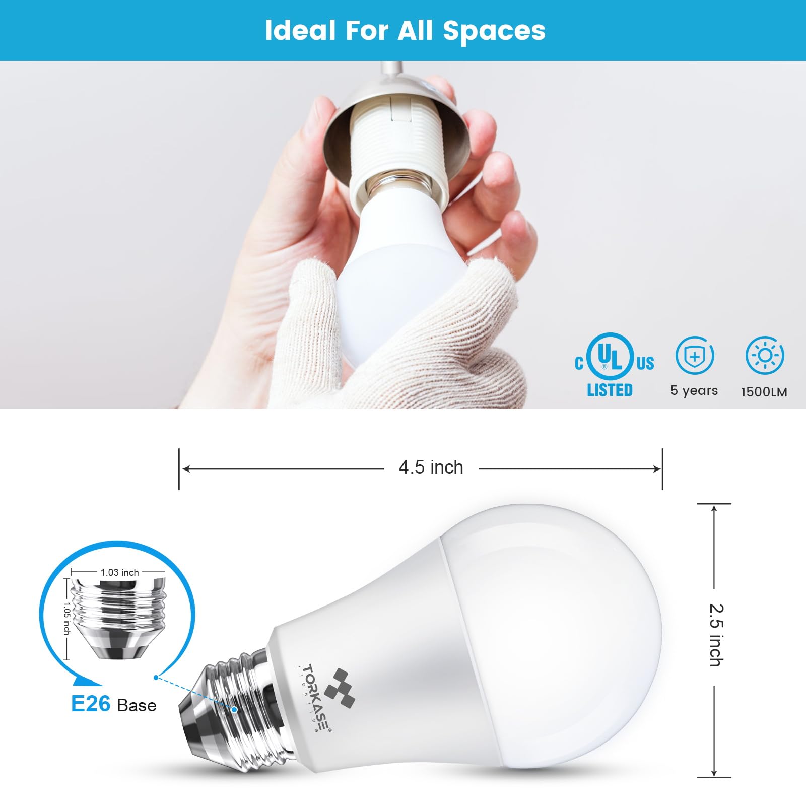 Torkase A19 LED Bulbs 100W Equivalent, 13W 1500 Lumens, 3500K Soft White, 4 Pack