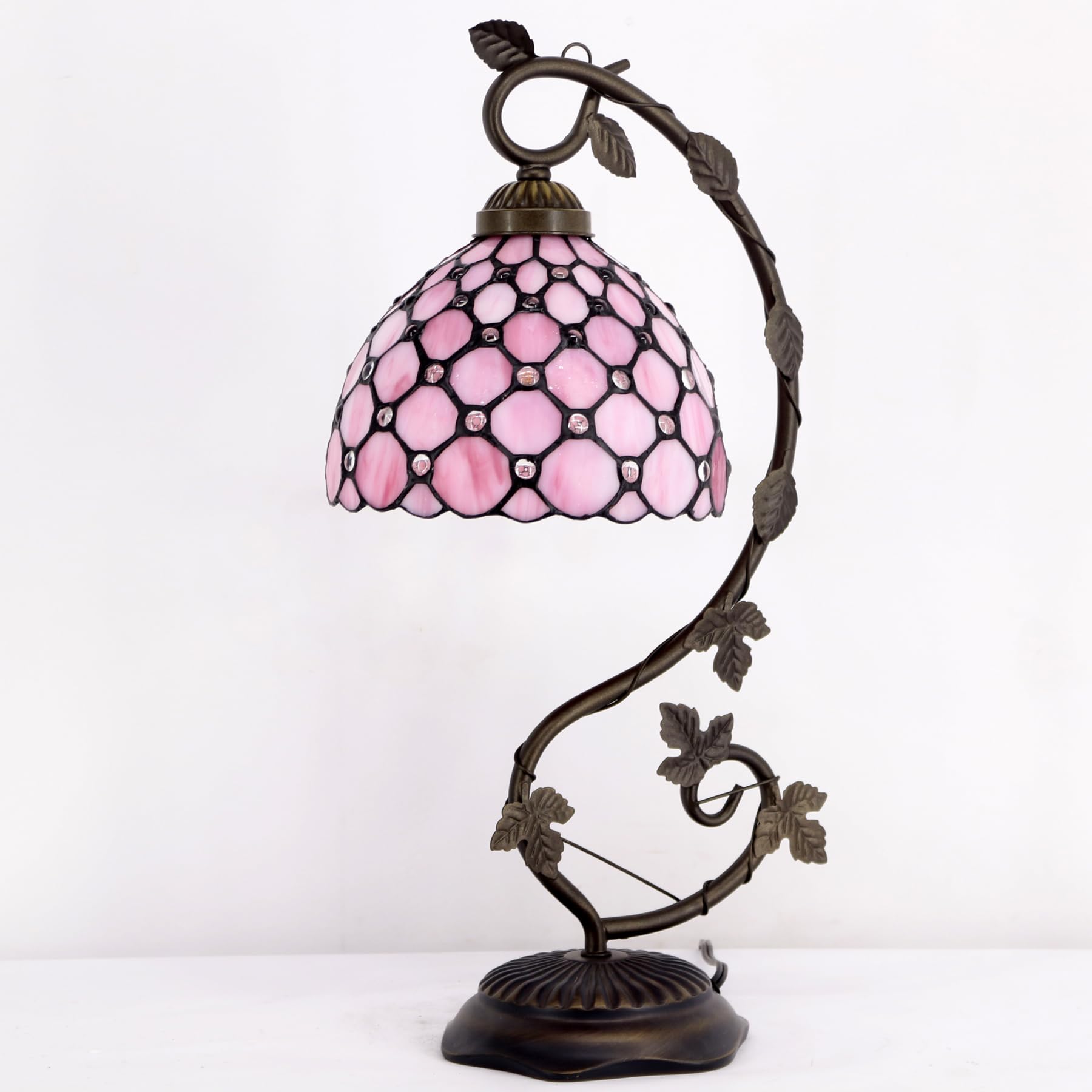 WERFACTORY Tiffany Table Lamp, Pink Stained Glass, 8X10X21 Inches, Metal Leaf Base, S005P Series