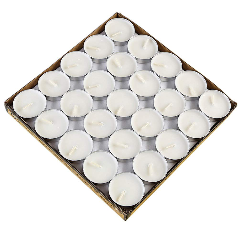 Tea Lights Candles, 50 Pack Colorful Tealights Paraffin Pressed Wax About 2 Hours Burn Time for Travel, Centerpiece, Decorative, Gifts, Happy Birthday, New Year (White)