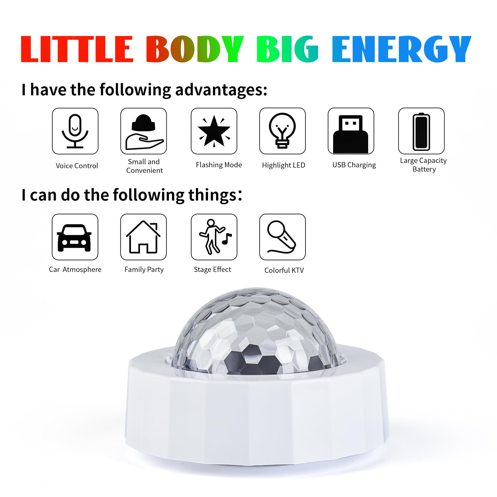 ASFSKY Car Disco Ball Light - Rechargeable, Sound Activated, PVC, Mini Size, Model D36, White