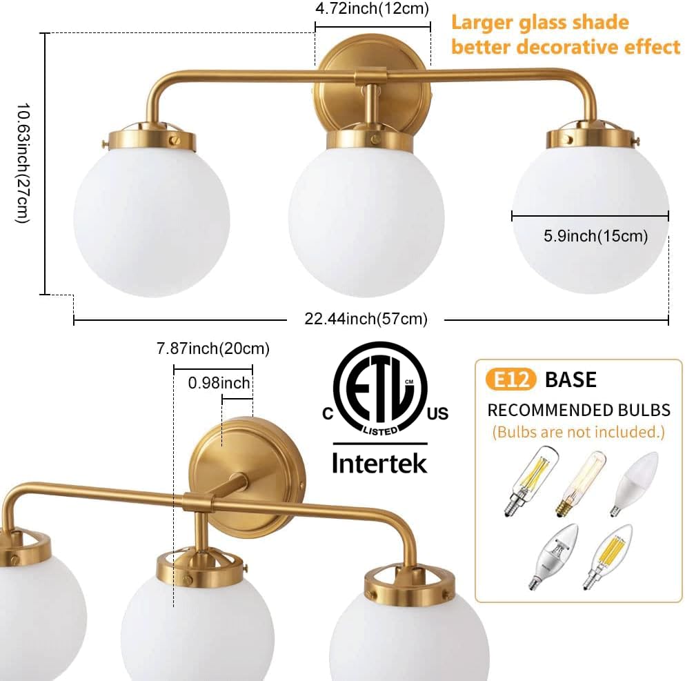 Deyidn Gold Bathroom Vanity Light Fixtures Over Mirror, Modern Brass 3 Lights Wall Sconce With Milky Glass Ball Shade, Mid Centu
