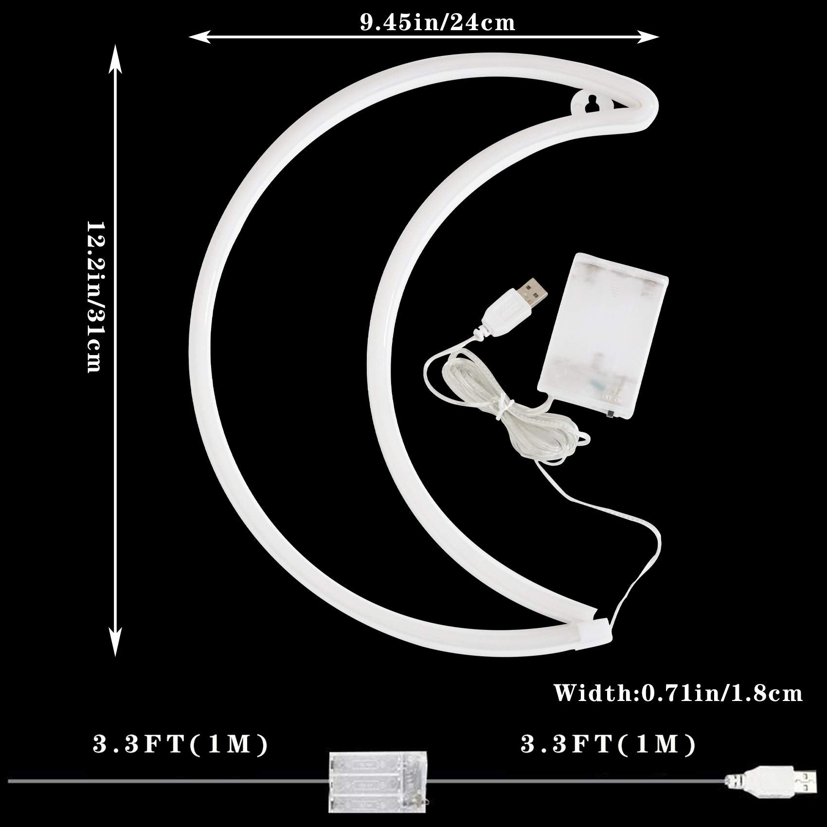 YAOZHOU LED Neon Moon Light - Warm White, Battery/USB Powered Decorative Night Light for Home, Bedroom, Office, Party
