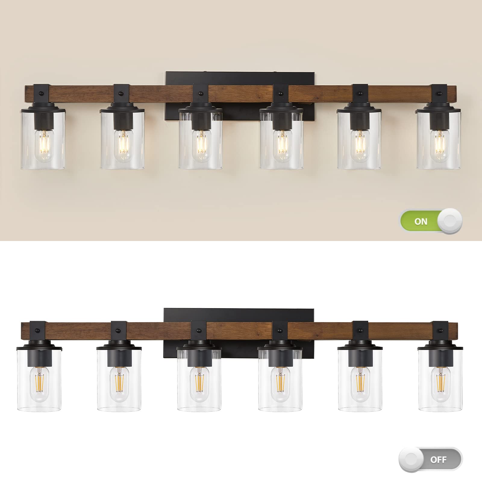 Drnanlit 6-Light Rustic Bathroom Vanity Light Fixture, Antique Wood & Clear Glass Shade