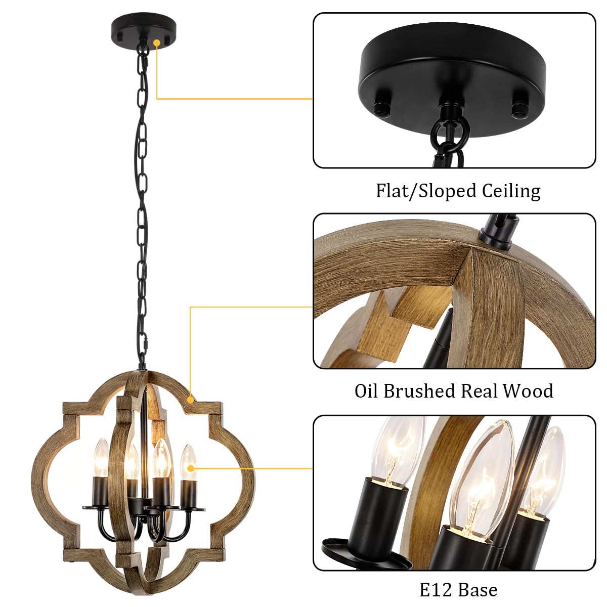 TOULMJ Farmhouse Orb Chandelier - 4-Light Rustic Wood Pendant Light, 15.74'' for Dining Room, Kitchen, Hallway, UL-Listed