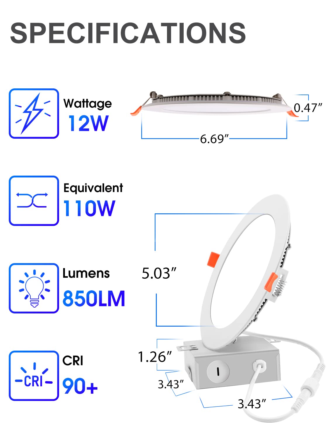 6 Inch Ultra-Thin Led Recessed Lighting With Junction Box, 3000K Warm White Canless Downlight, 12W=110W Eqv, Dimmable Led Ceiling Lights, 850Lm, Etl Certified, 6 Pack