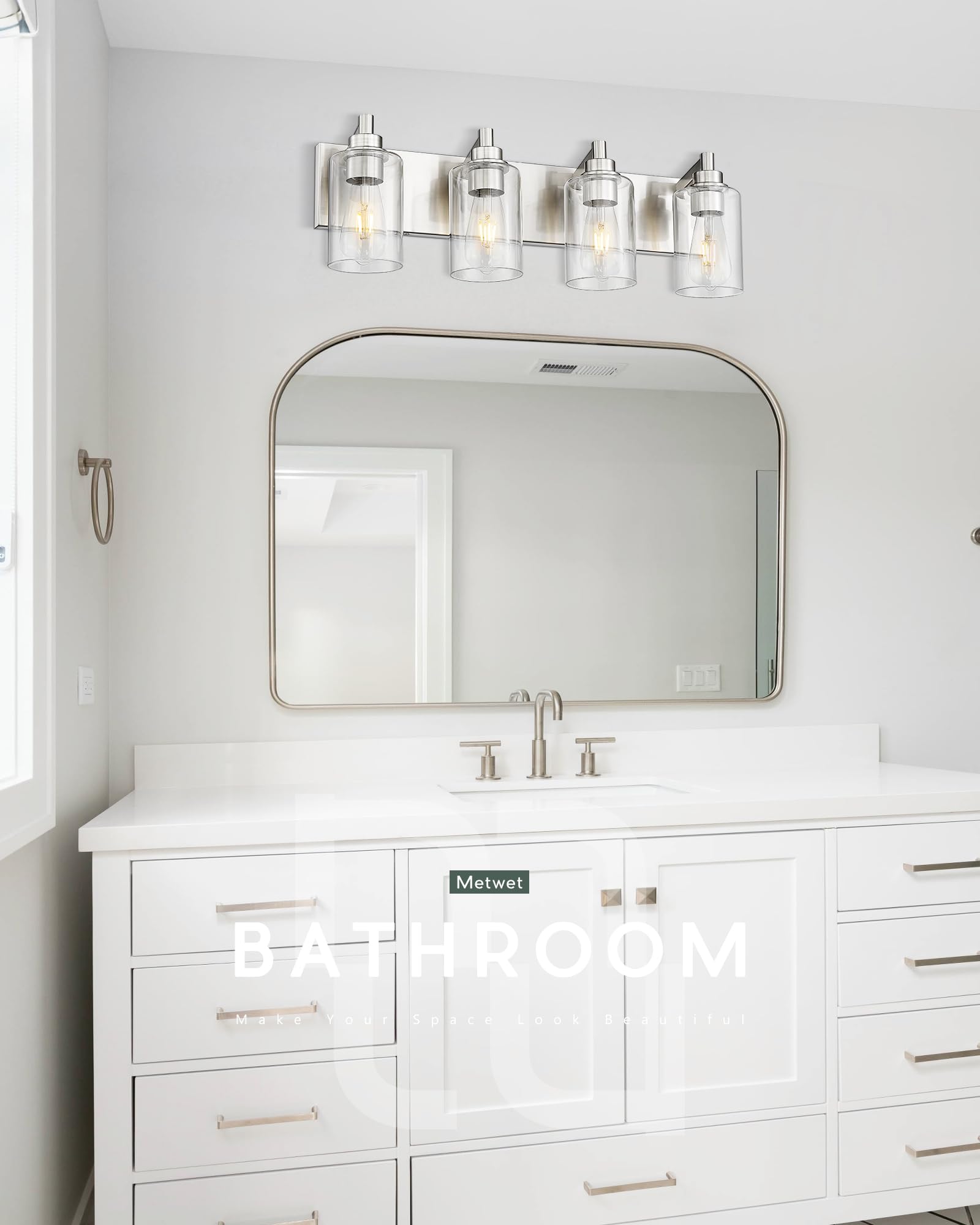 Metwet 4-Light Bathroom Light Fixtures, Brushed Nickel Vanity Light With Cylinder Clear Glass Shade, Modern Vanity Lighting Fixtures Over Mirror, Vl143-Bn-4