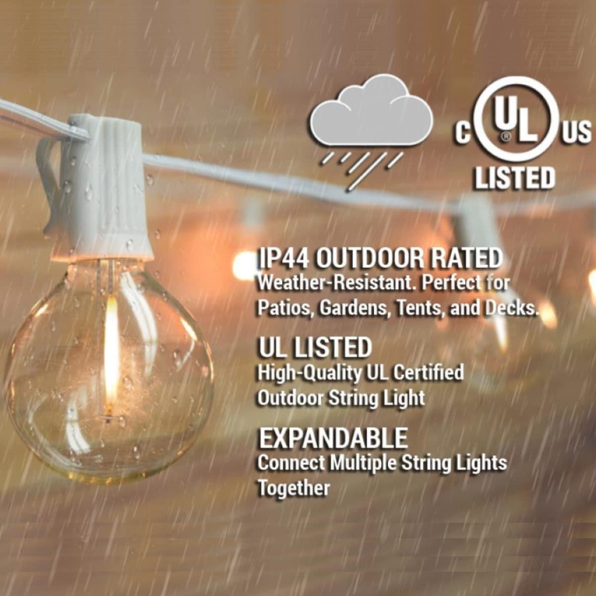 Abeja G40 LED Globe String Lights, 50FT Outdoor Waterproof, Dimmable Shatterproof Bulbs, White Wire