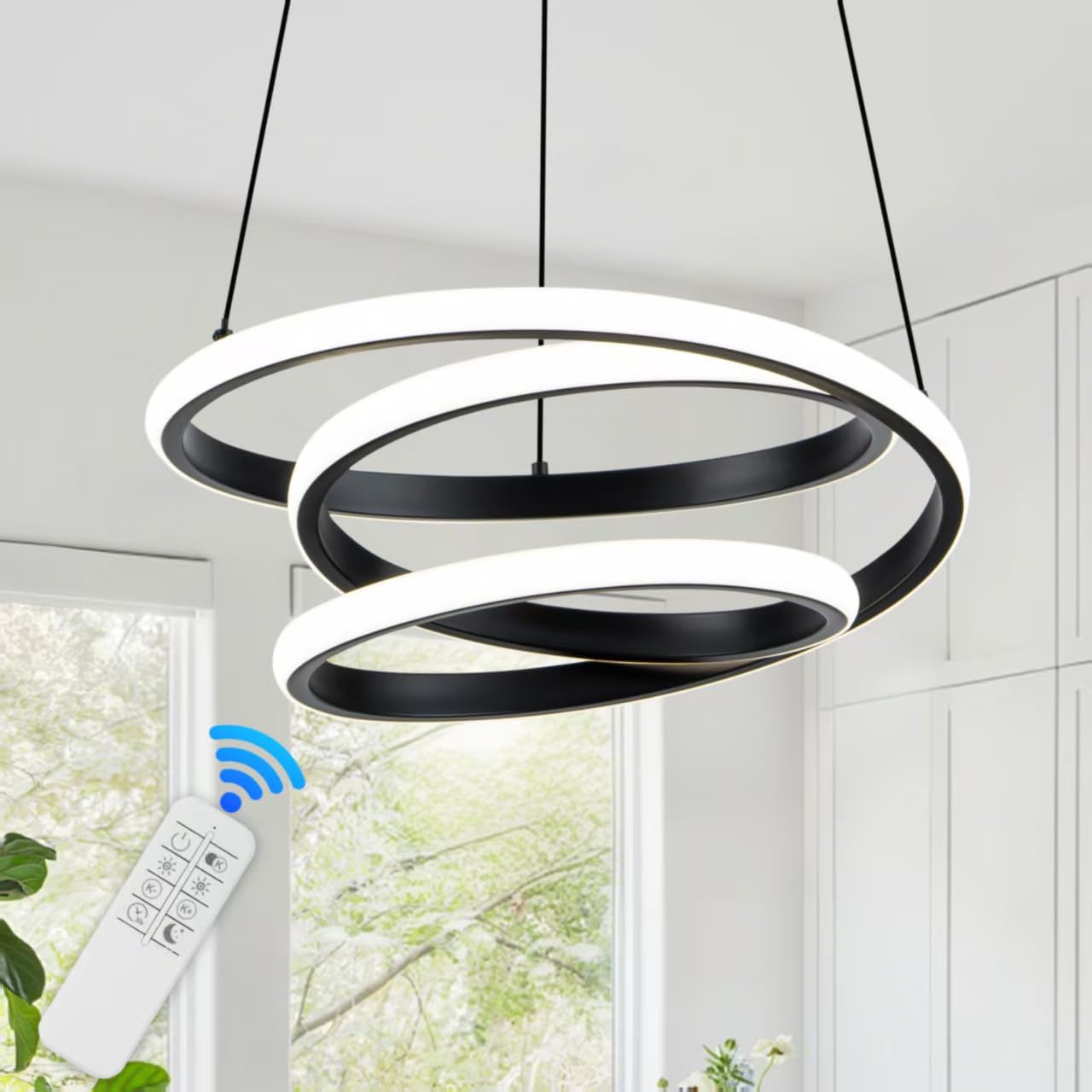 Mayful Modern Chandelier With Remote Control  3-Color Dimmable Led Pendant Light Fixtures  Height Adjustable Kitchen Island Lighting For Dining Room Bedroom Living Room Foyer Office Black 13.78 Inches