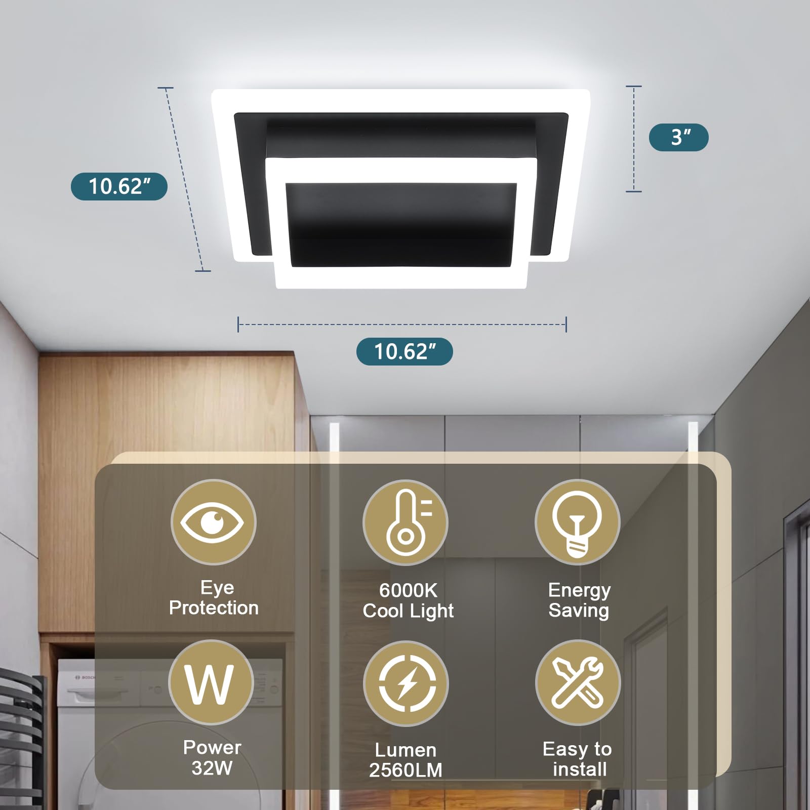 Eidisuny Modern Led Ceiling Light  Hallway Flush Mount Ceiling Light  32W  6000K  Black Square Hallway Lighting Fixtures For Living Room Kitchen Bedroom (Black) 2 Pack