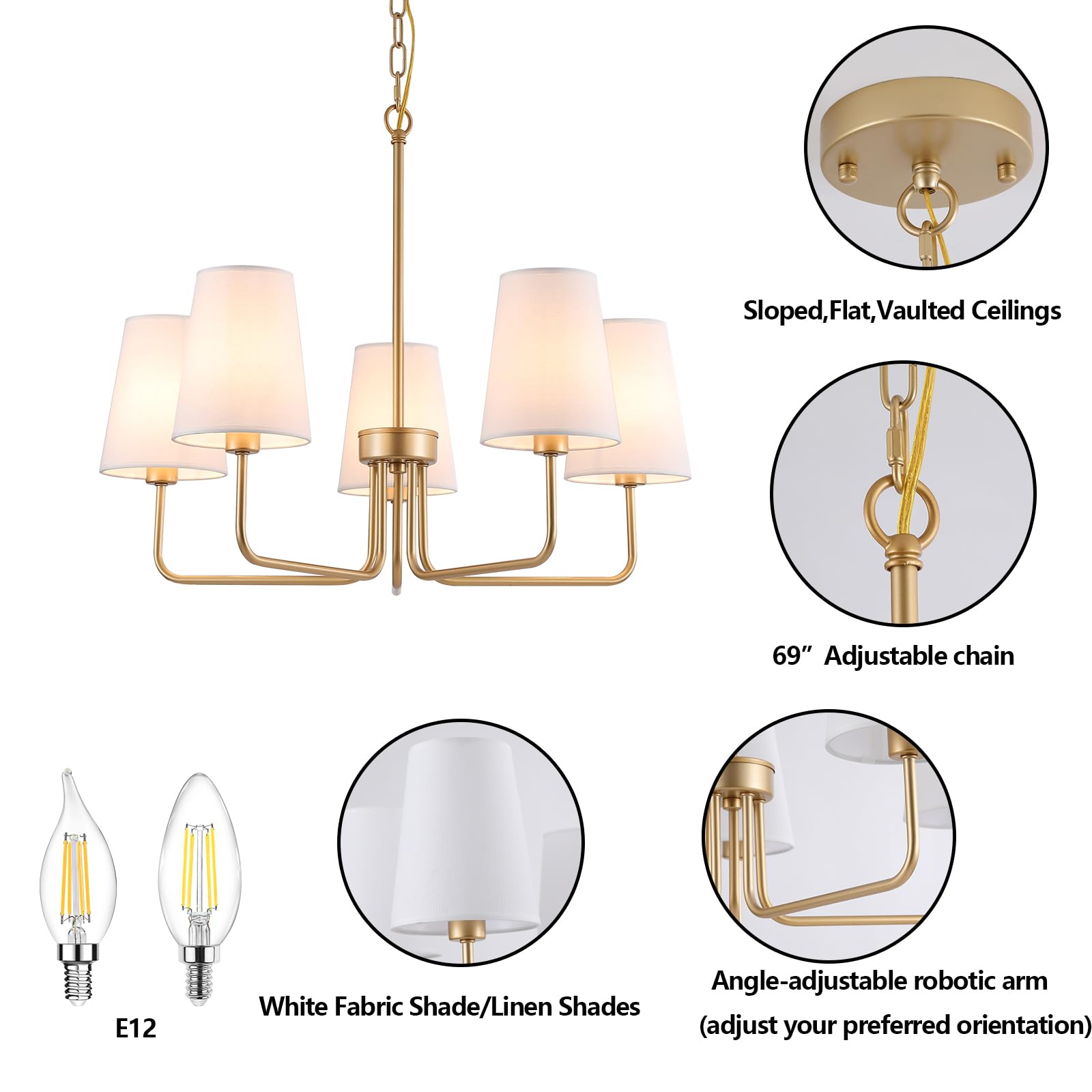 AMZASA Farmhouse Chandelier, 5-Light Gold Linear Lighting Fixture, 25"L x 19.3"W x 79.7"H, White Fabric Shade, Model AS9027-