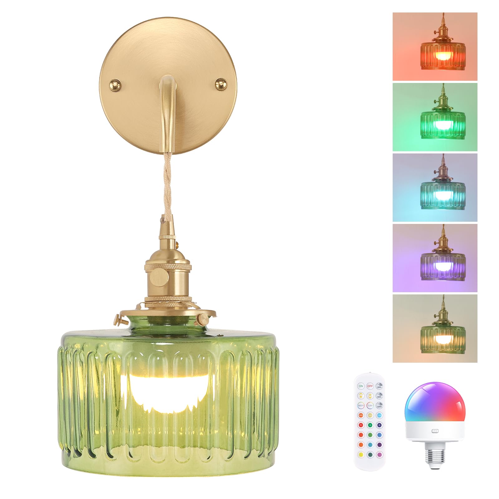 Shenmoyl Battery Operated Wall Sconce, Brass with Green Striped Glass Shade, Adjustable Chain, Model 1-938, Indoor Lighting Fixture