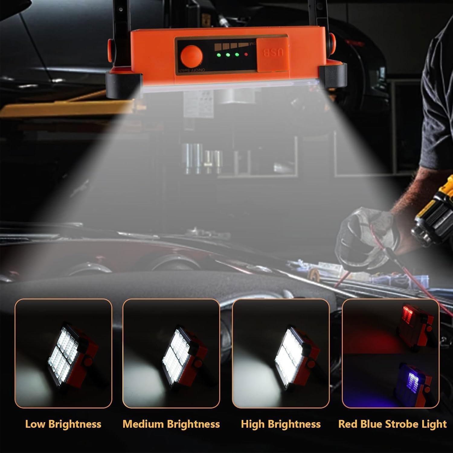 YXQUA 120W Solar Rechargeable Work Light - 144 LED, 10000LM, IP66 Waterproof, 4 Modes, Portable Flood Light, Orange 1 Pack