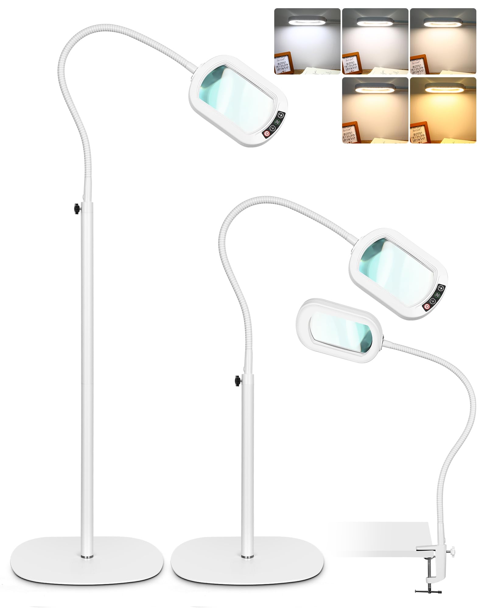 IVMAIE 10X Magnifying Glass with Light, 24in Gooseneck Floor Lamp, 5 Color Modes, LED, White, Model 602FLG