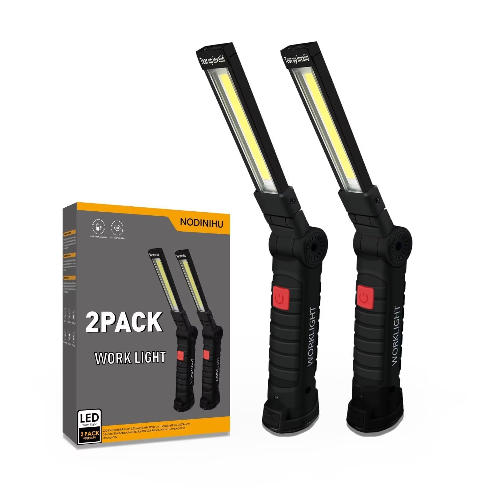 Working Light Portable, Rechargeable Work Lights With Magnetic Base Hanging Hook,360° Rotate 5 Modes,Cob Led 800 Lumens Foldable Inspection Light For Car Repair, Grill And Outdoor Use(2Pack)