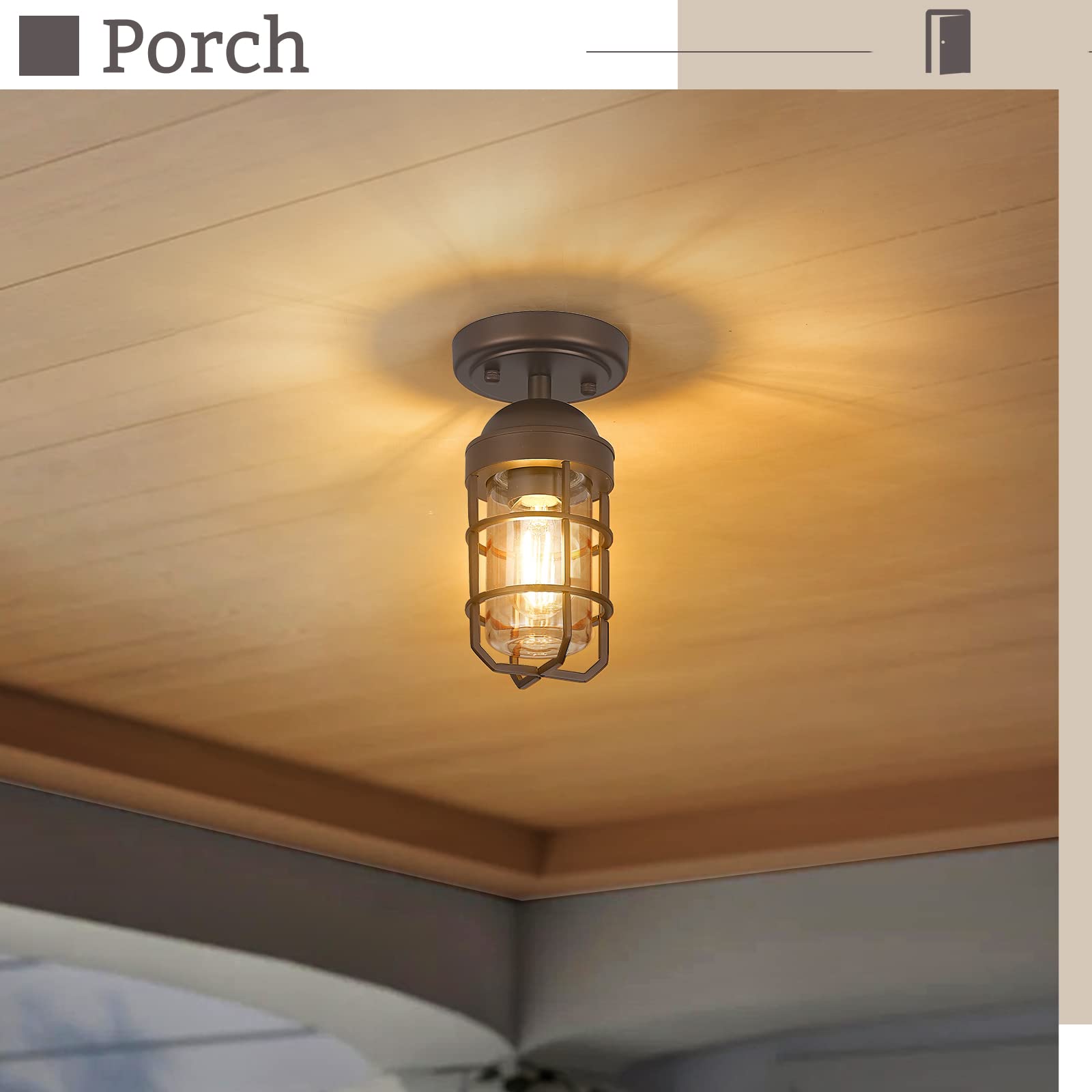 Emliviar Farmhouse Ceiling Light, Vintage Semi Flush Mount Light for Indoor, Security Light with Clear Tempered Glass, Oil Rubbe