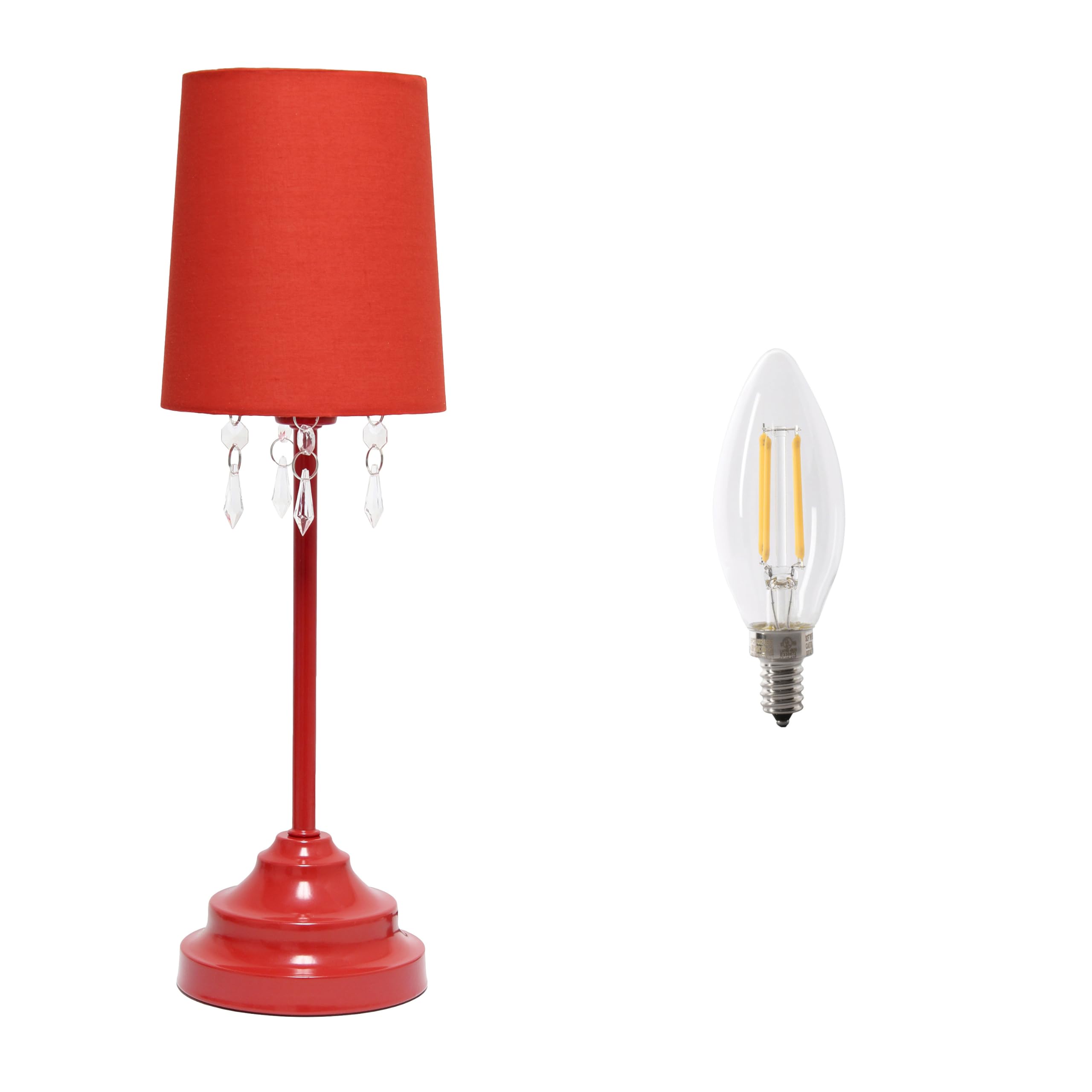 Simple Designs LT3018-RED-LB 17.5 Table Lamp with Fabric Shade and Hanging Acrylic Beads, with LED Bulb, Red
