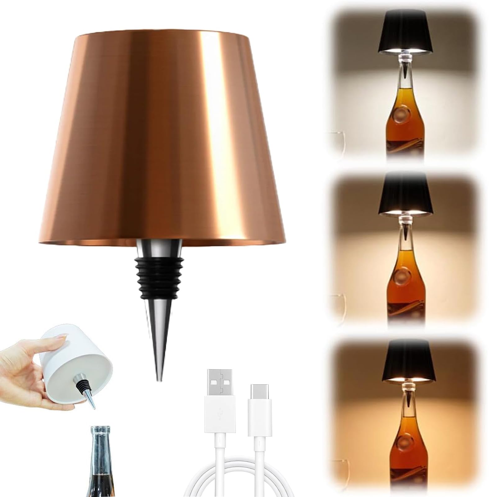 zmiao Wireless Bottle Lamp, Portable LED Touch Table Lamp, Rechargeable, 3 Light Modes, Champagne