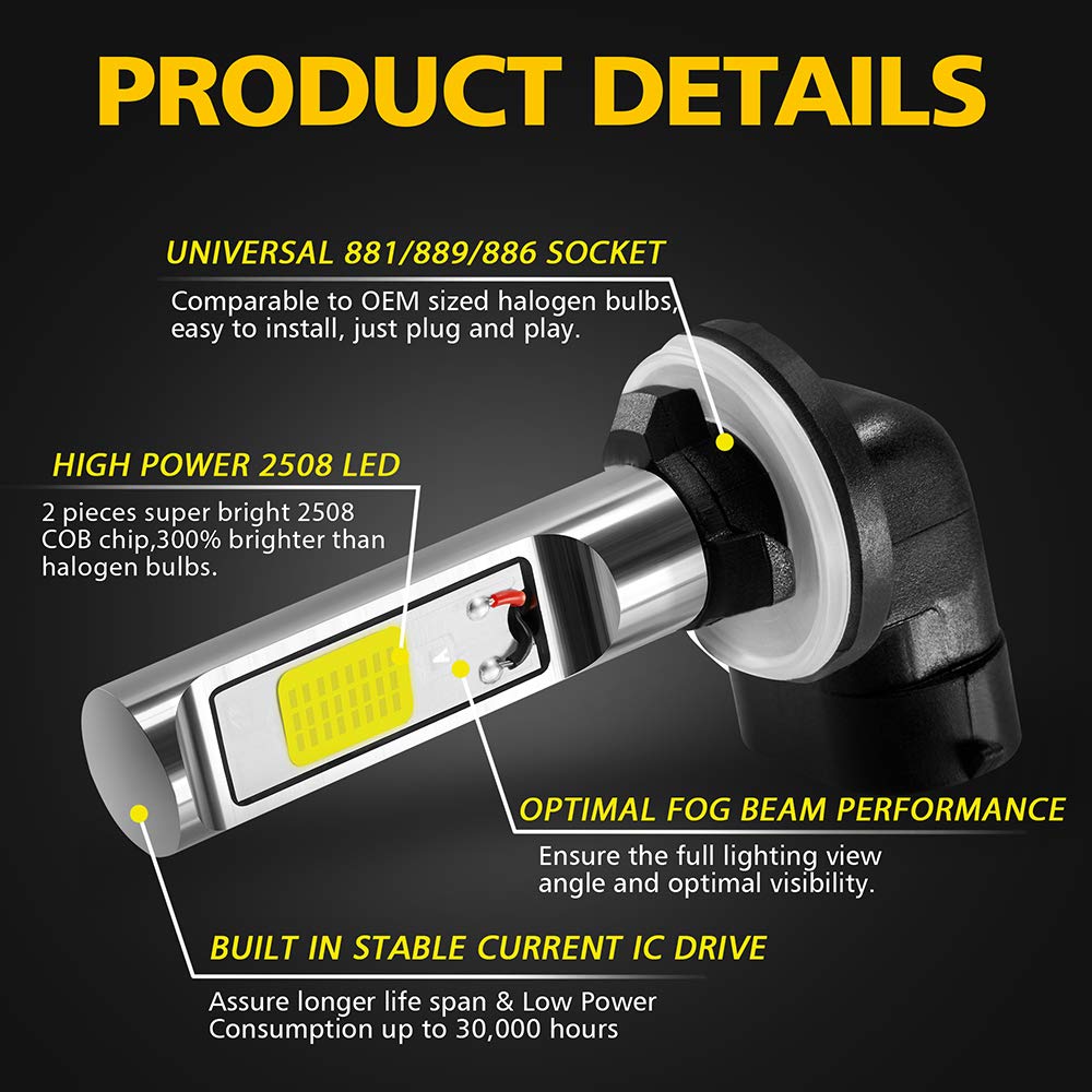 AUXLIGHT 881 LED Fog Light Bulbs - 6000K Xenon White, High Power COB Chips, Aluminum, Pack of 2