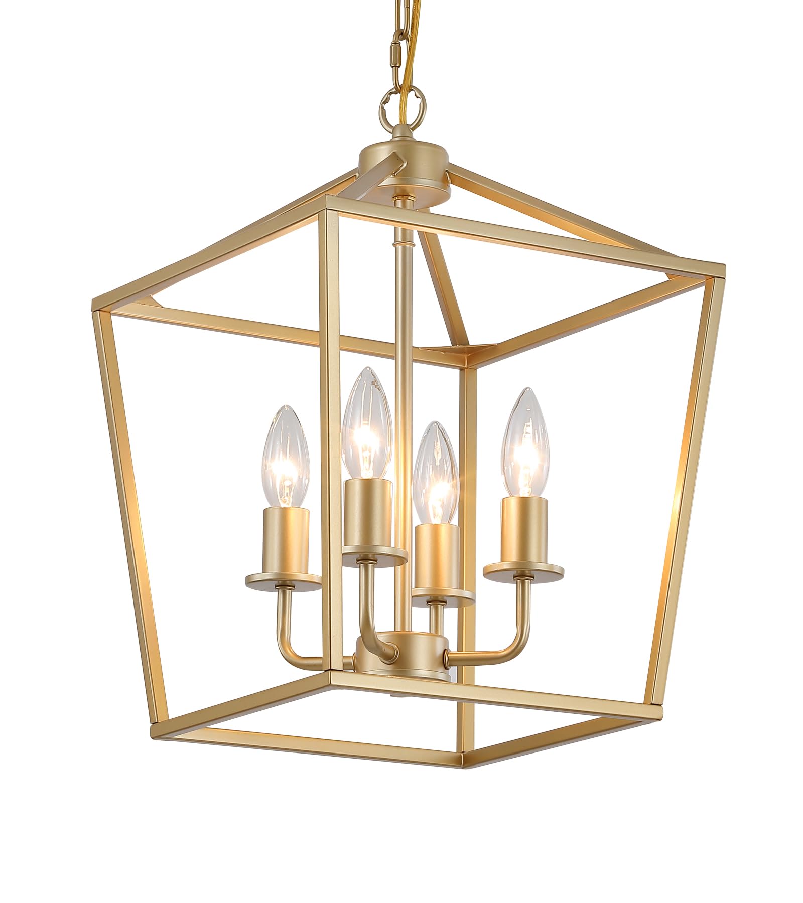 Industrial 4 Lights Chandelier, Gold Lantern Ceiling Light Fixtures With Rustic Metal Cage Adjustable Height Farmhouse Geometric