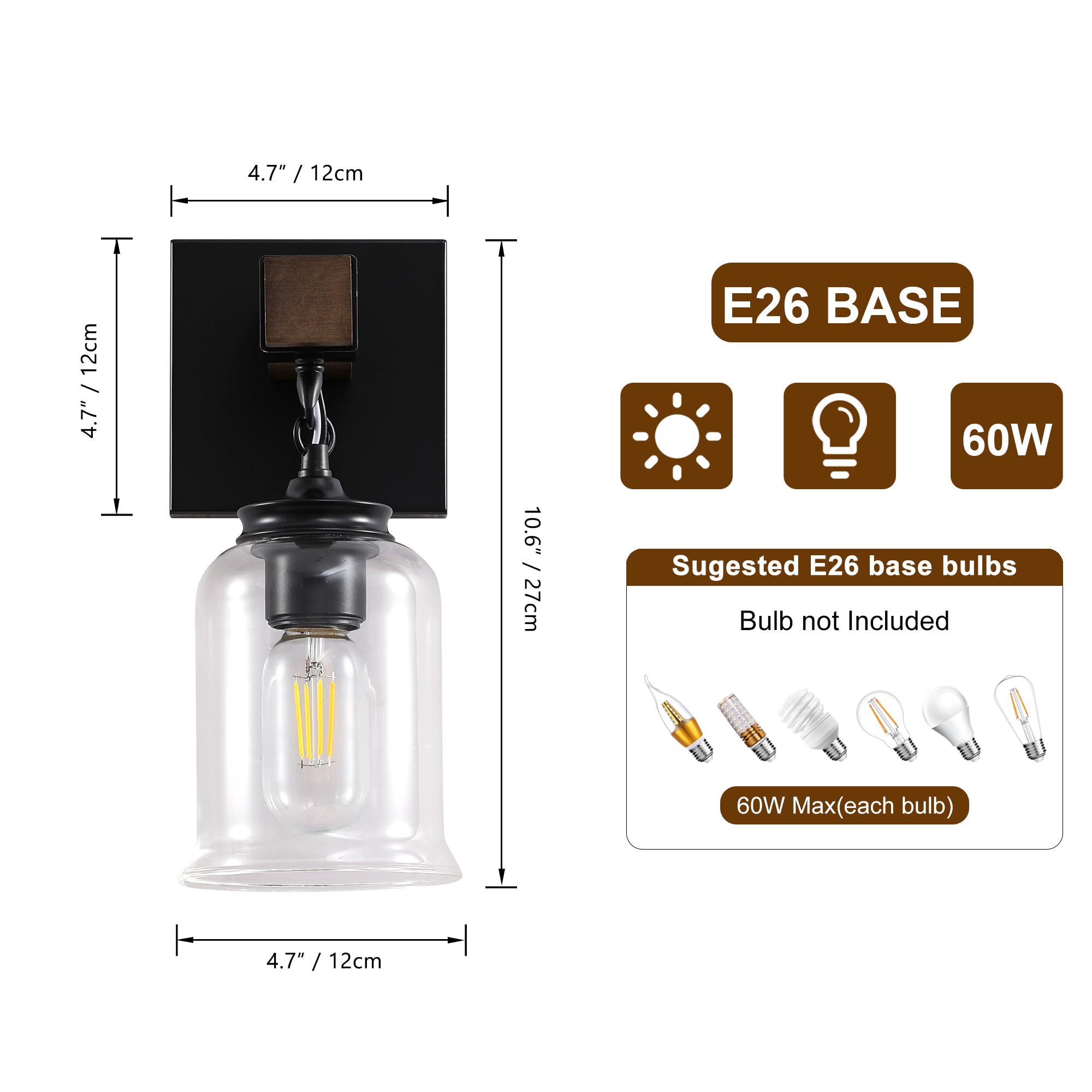 Wall Sconces Set Of Two, Farmhouse Bathroom Light Fixtures, Black Wood Rustic Vanity Lights With Clear Glass Shades, Wall Sconce