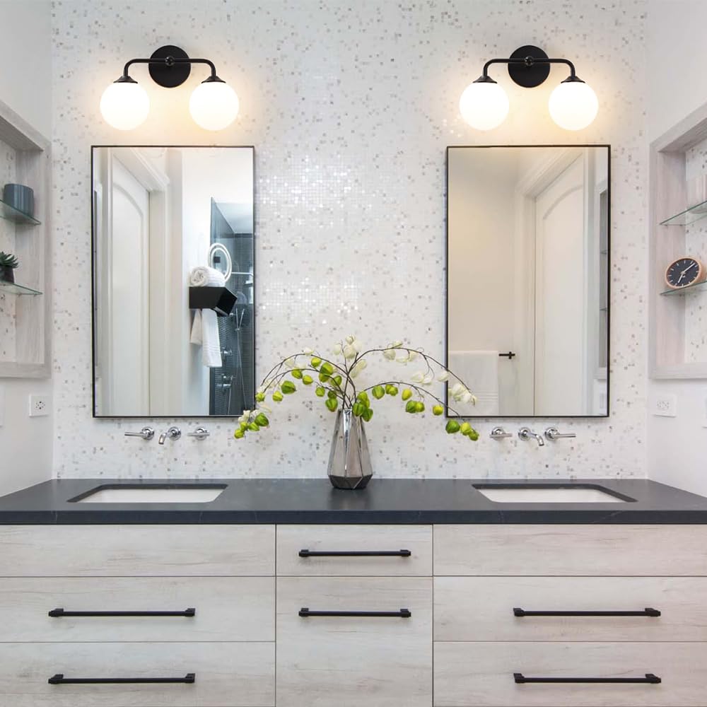 Industrial Matte Black 2-Lights Bathroom Light Fixtures  Vanity Wall Sconce Lighting With Milky White Glass Shade  Modern Bathroom Vanity Lighting  Wall Sconces Over Mirror Dressing Table Bedroom