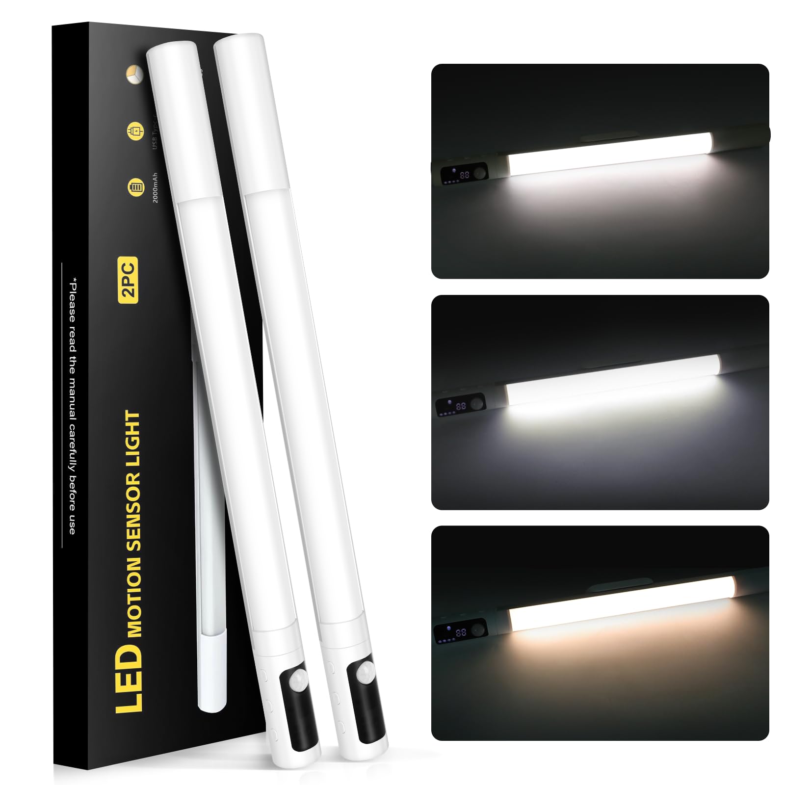 Under Cabinet Lighting 2Pack Sensor Light Indoor With Battery Level Display Function Closet Light Can Be Disassembled For Handheld Use 3 Color Temps 2000Mah Under Counter Lights For Kitchen Desk